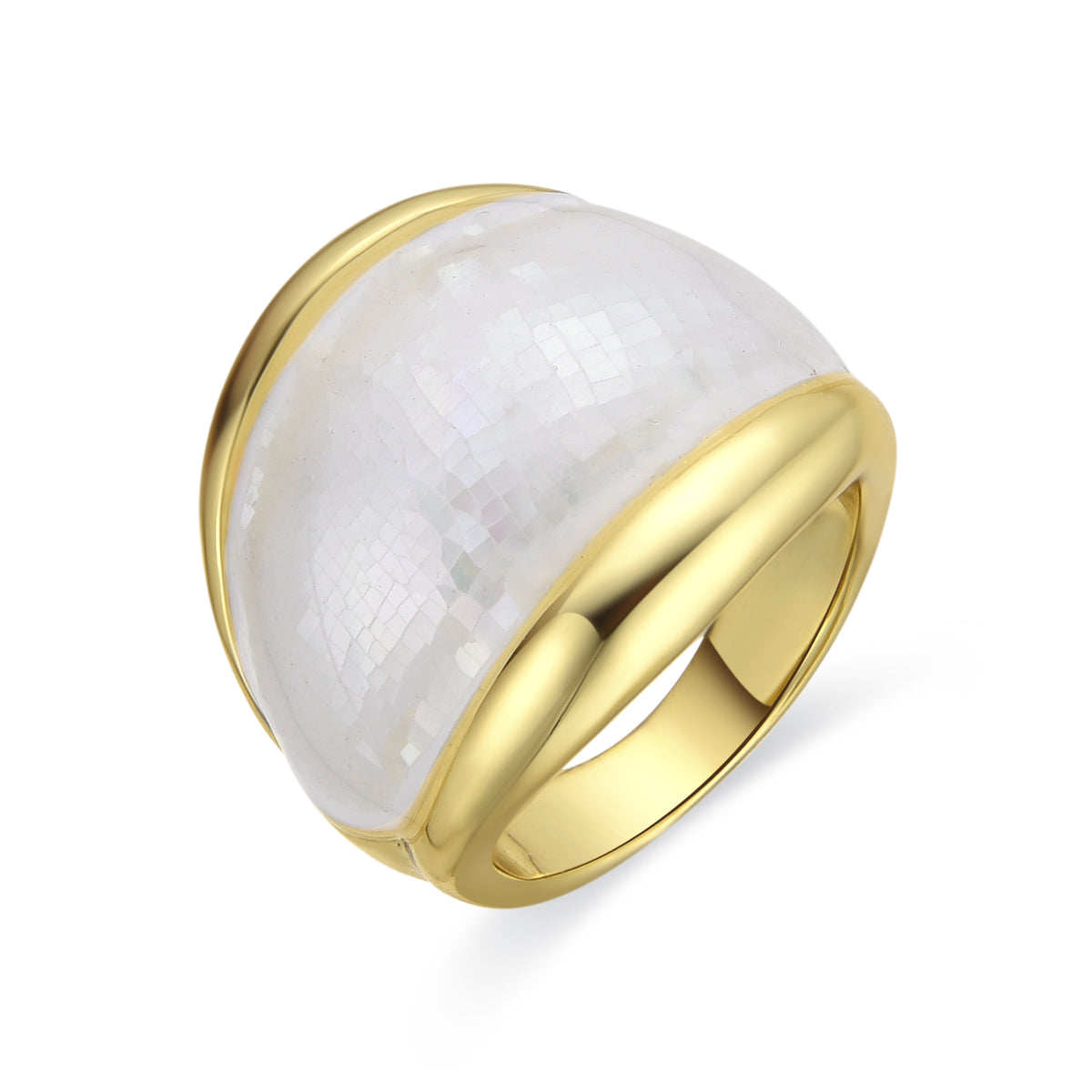 White Mother of Pearl Lingo Ring in 18k yellow gold finish