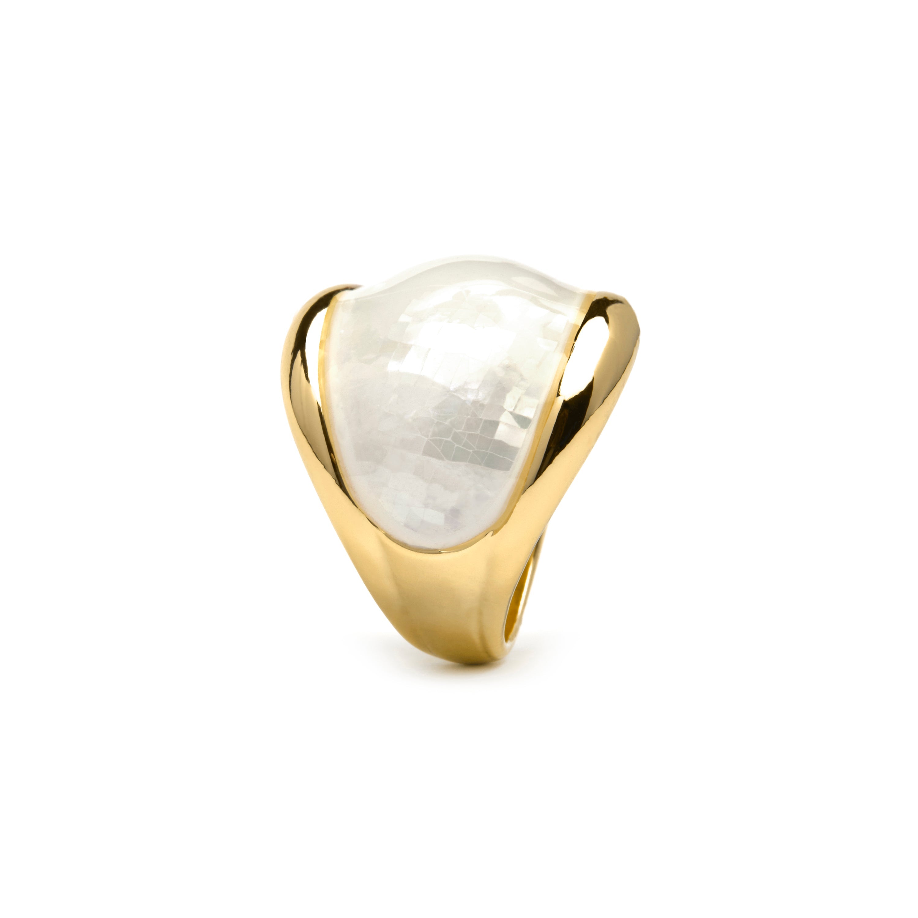 White Mother of Pearl Lingo Ring in 18k yellow gold finish