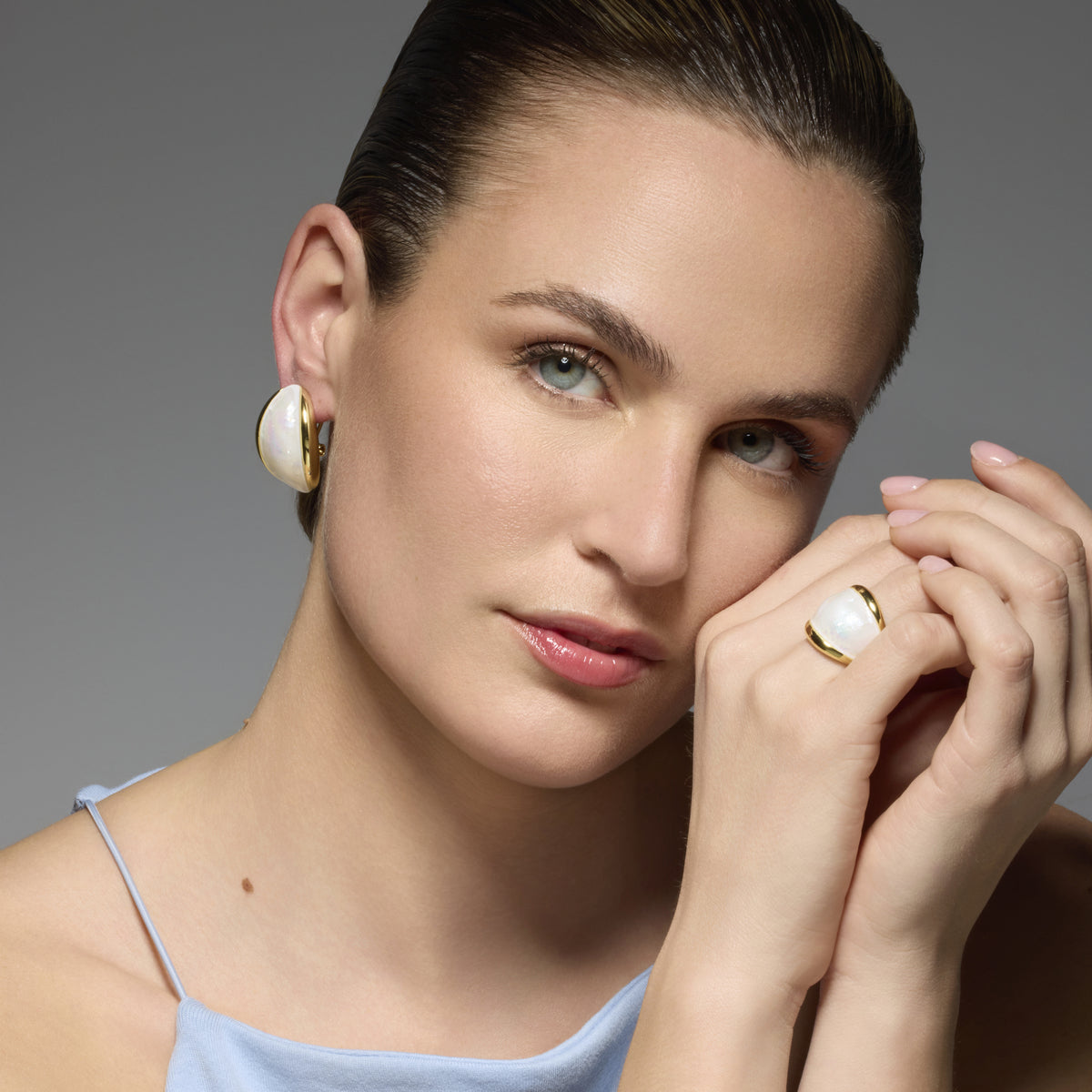 White Mother of Pearl Lingo Ring in 18k yellow gold finish