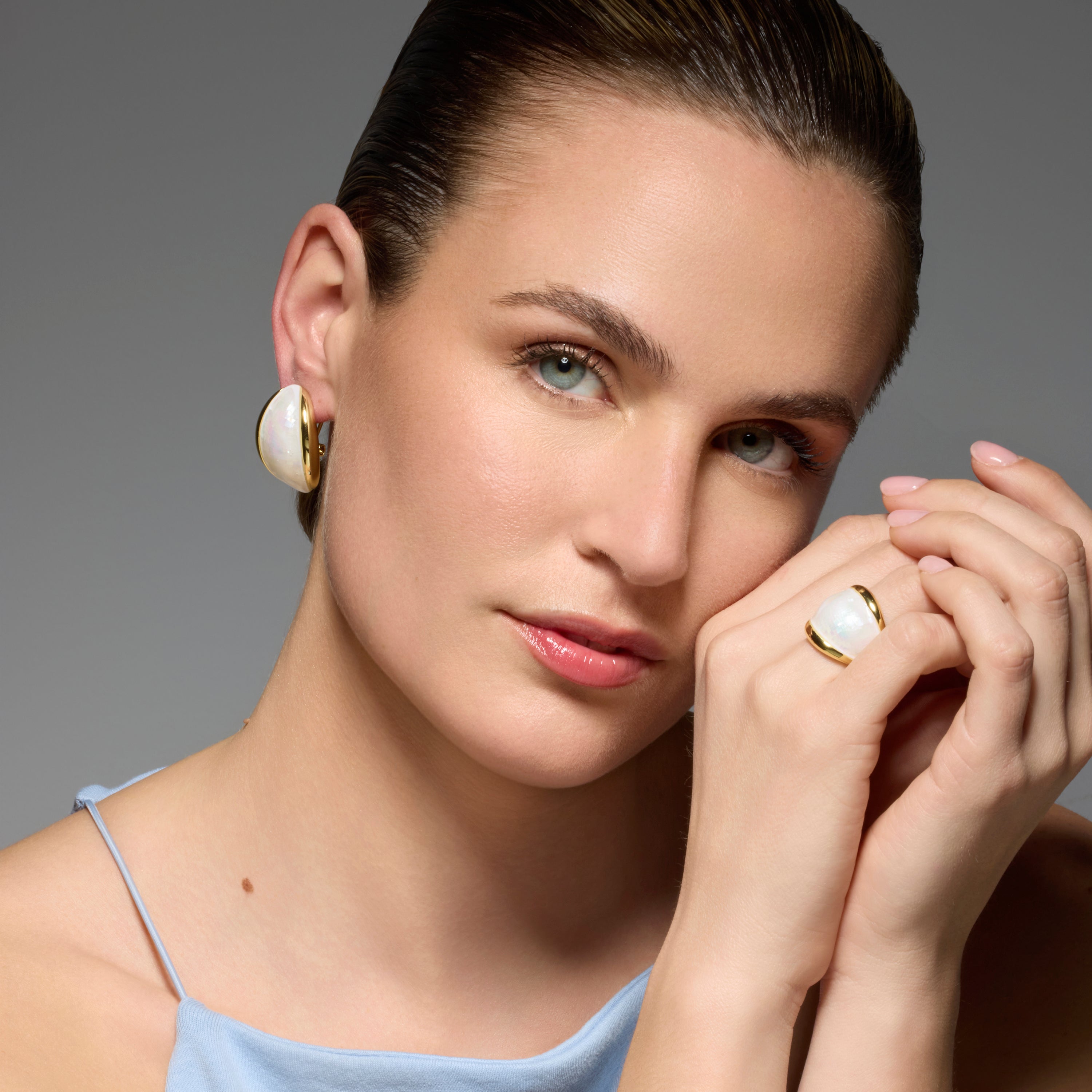 White Mother of Pearl Lingo Ring in 18k yellow gold finish