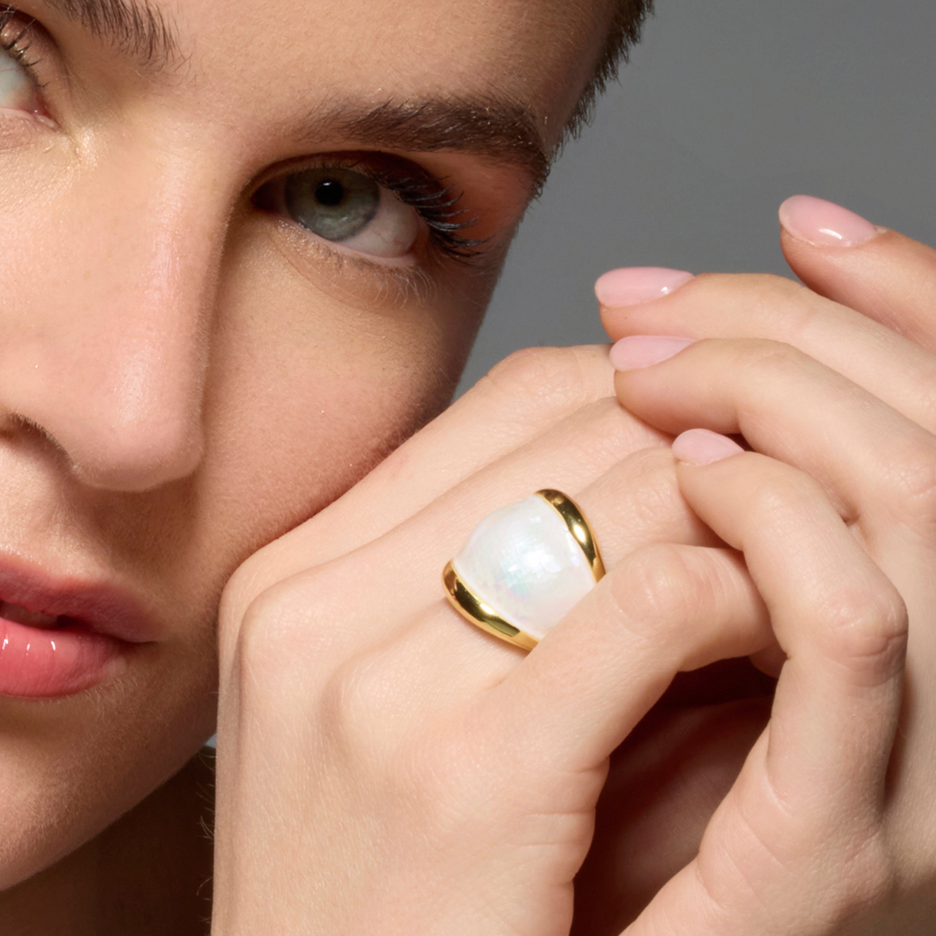 White Mother of Pearl Lingo Ring in 18k yellow gold finish