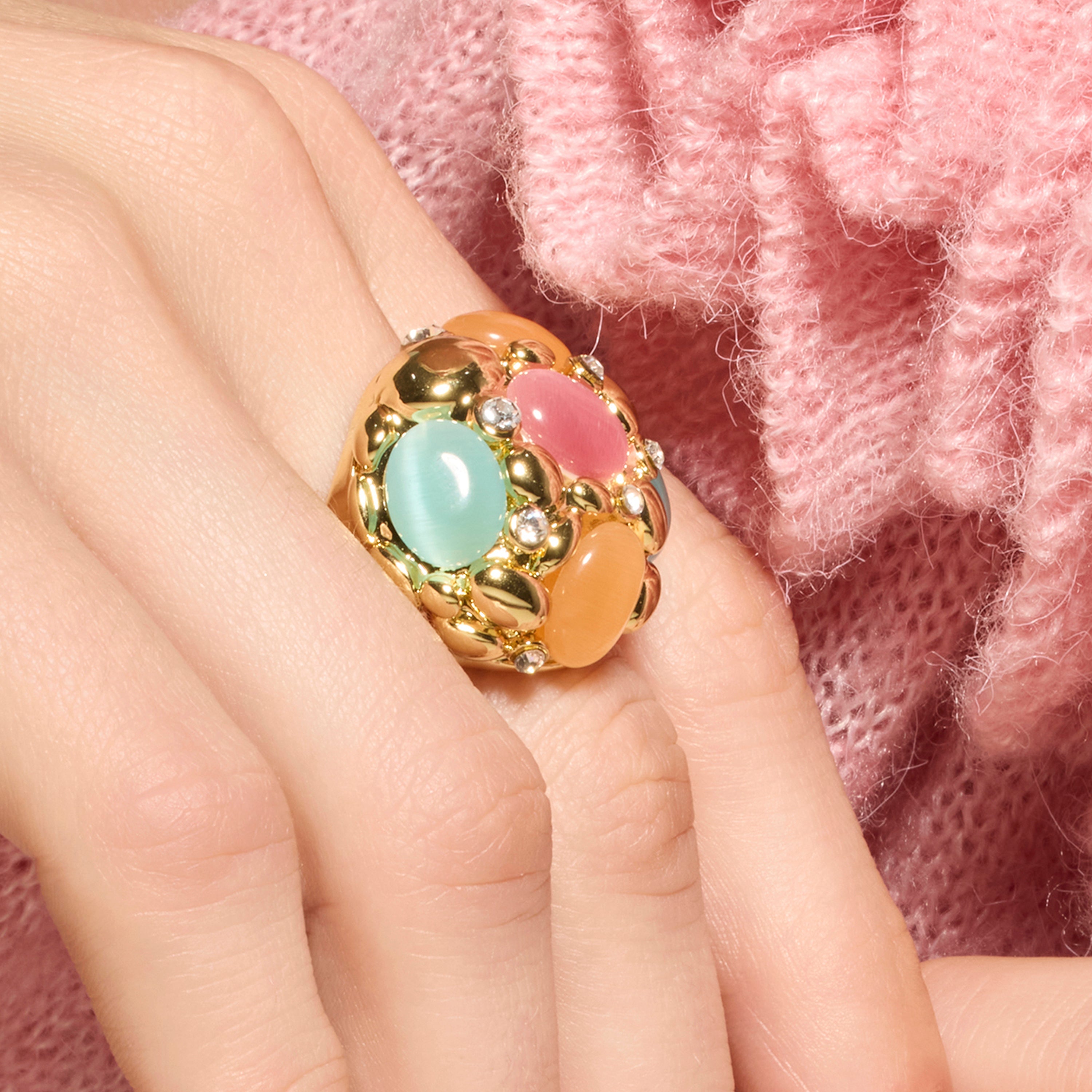 Shyal Multicolor Cat's Eye Ring in 18k Yellow Gold Finish