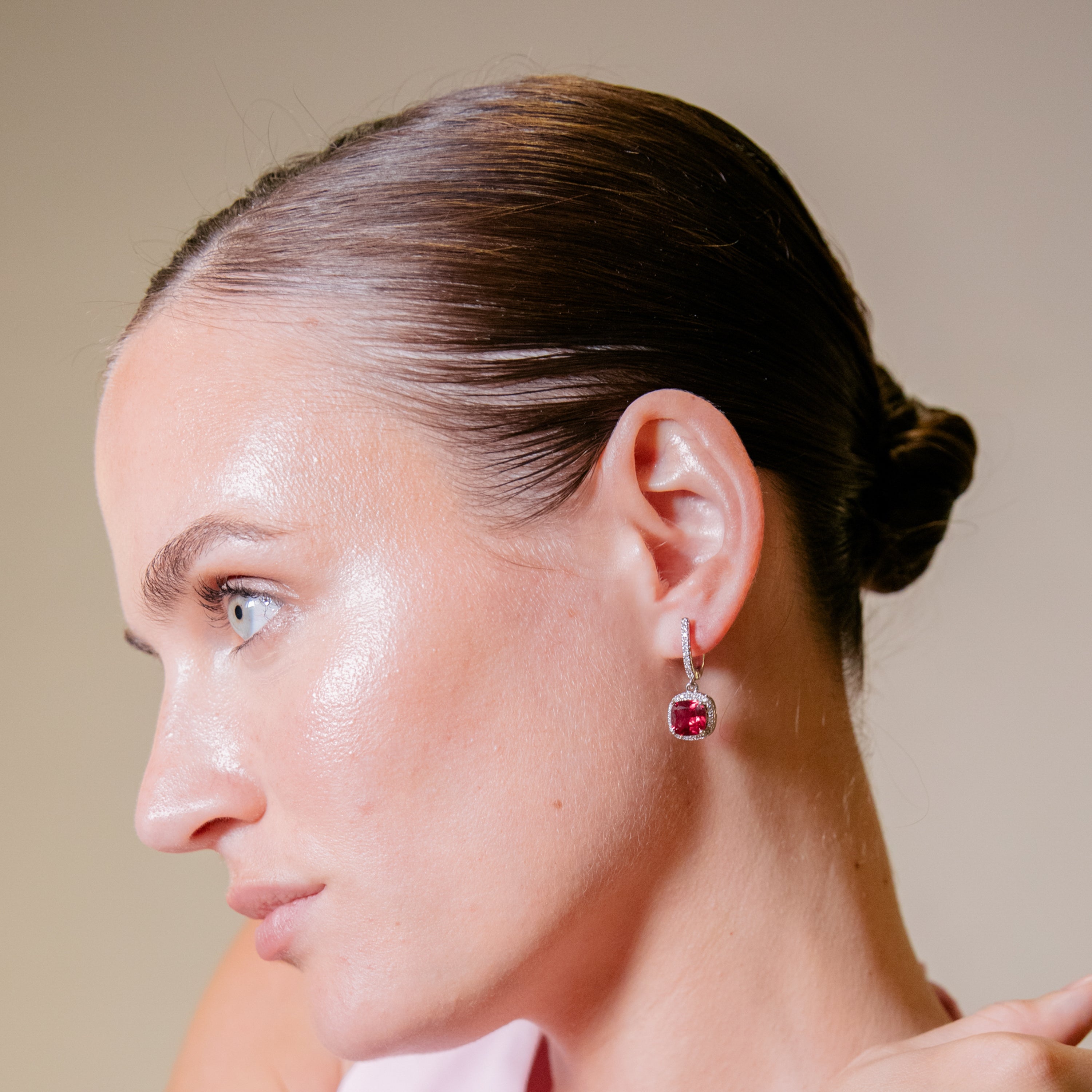 Rhodium Plated Ruby Zirconia Earrings - Kada