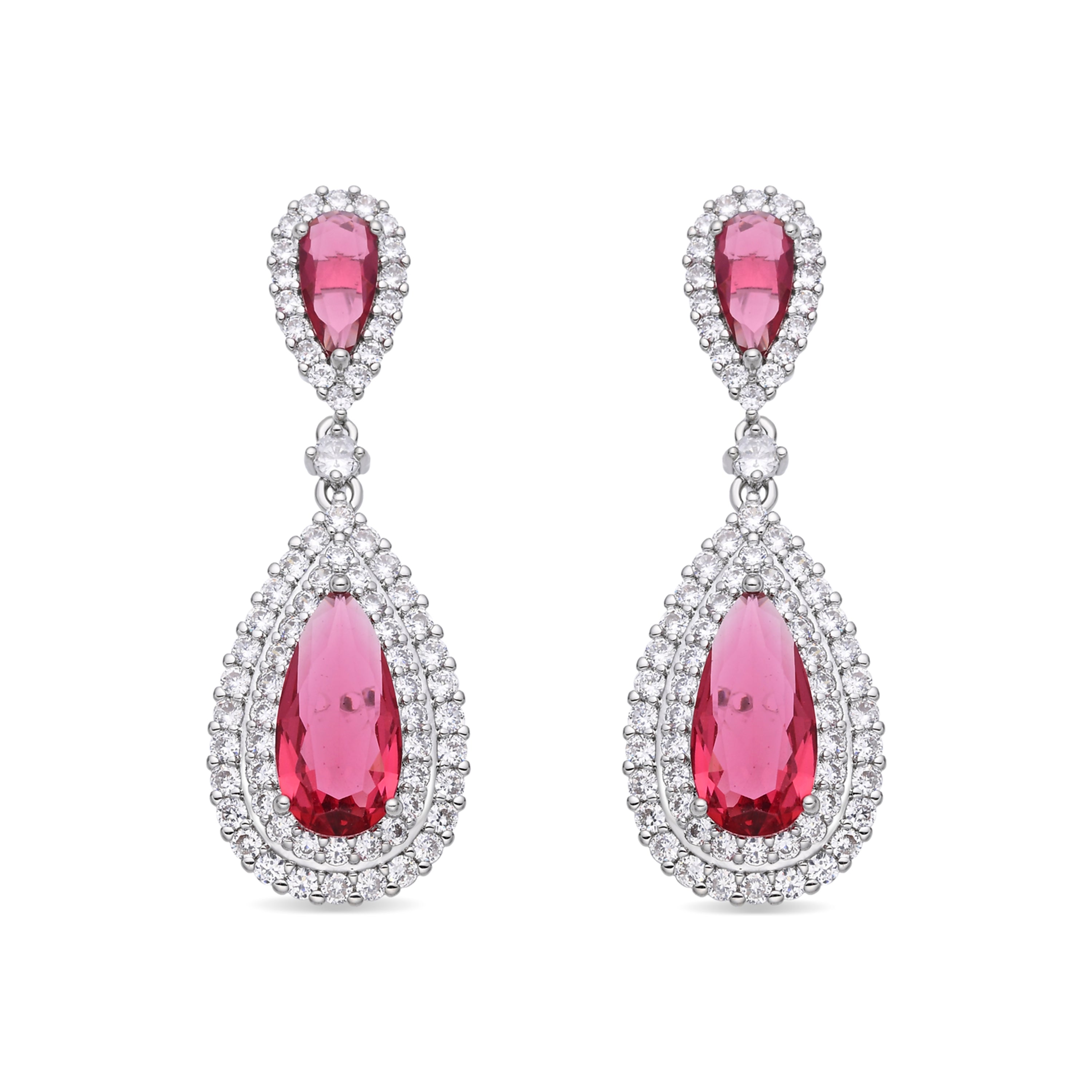 Rhodium-Plated Ruby Cubic Zirconia Earrings - Mijou