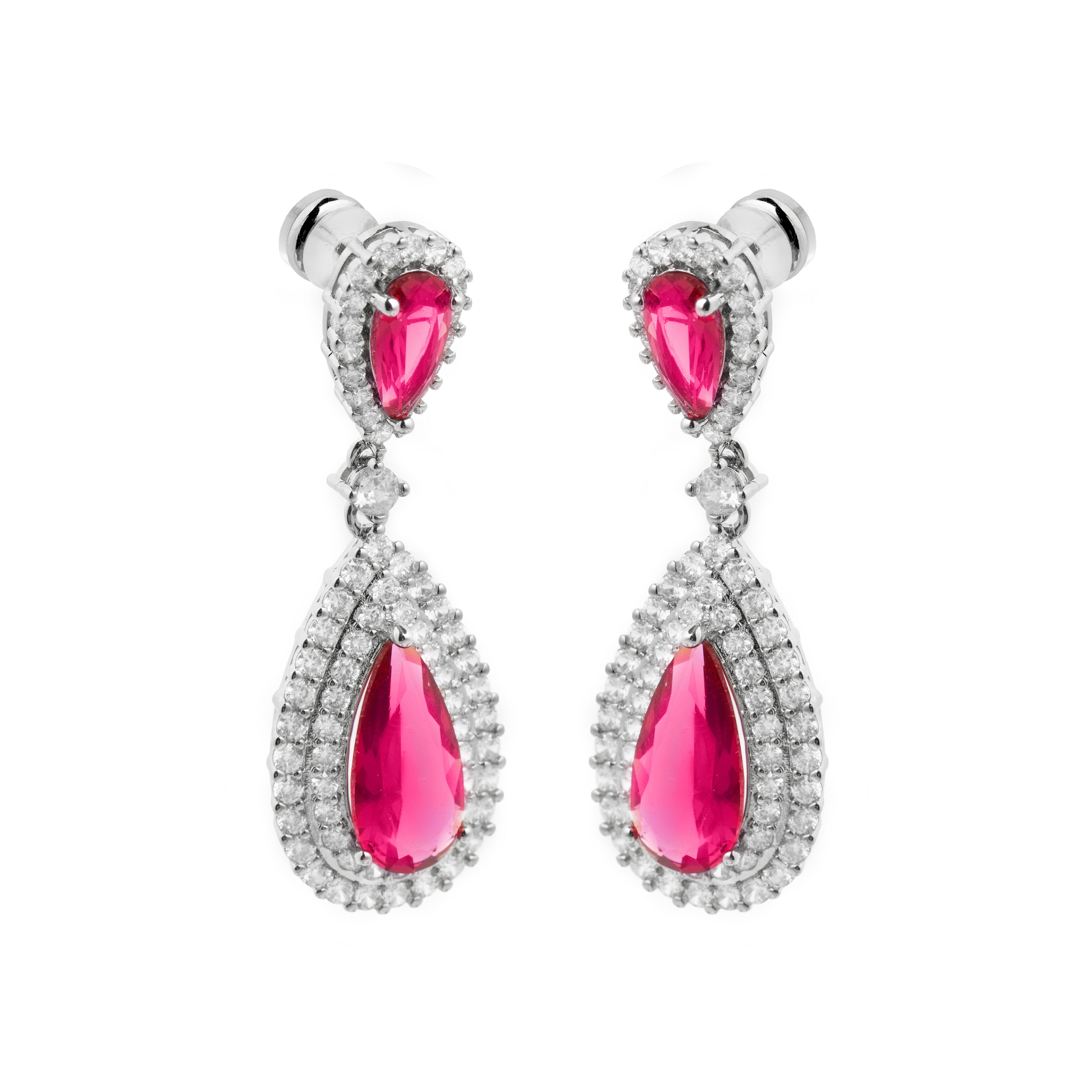 Rhodium-Plated Ruby Cubic Zirconia Earrings - Mijou