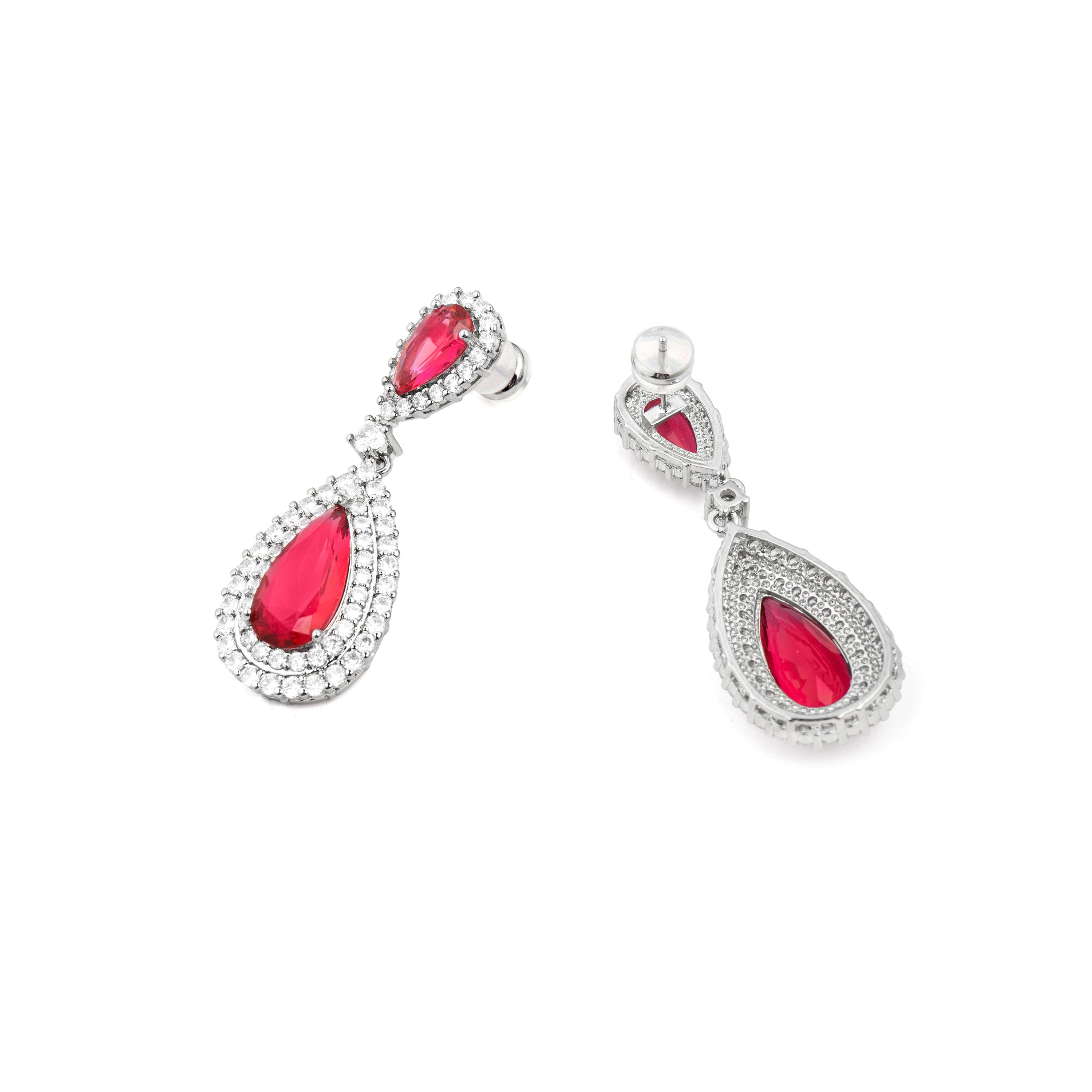 Rhodium-Plated Ruby Cubic Zirconia Earrings - Mijou