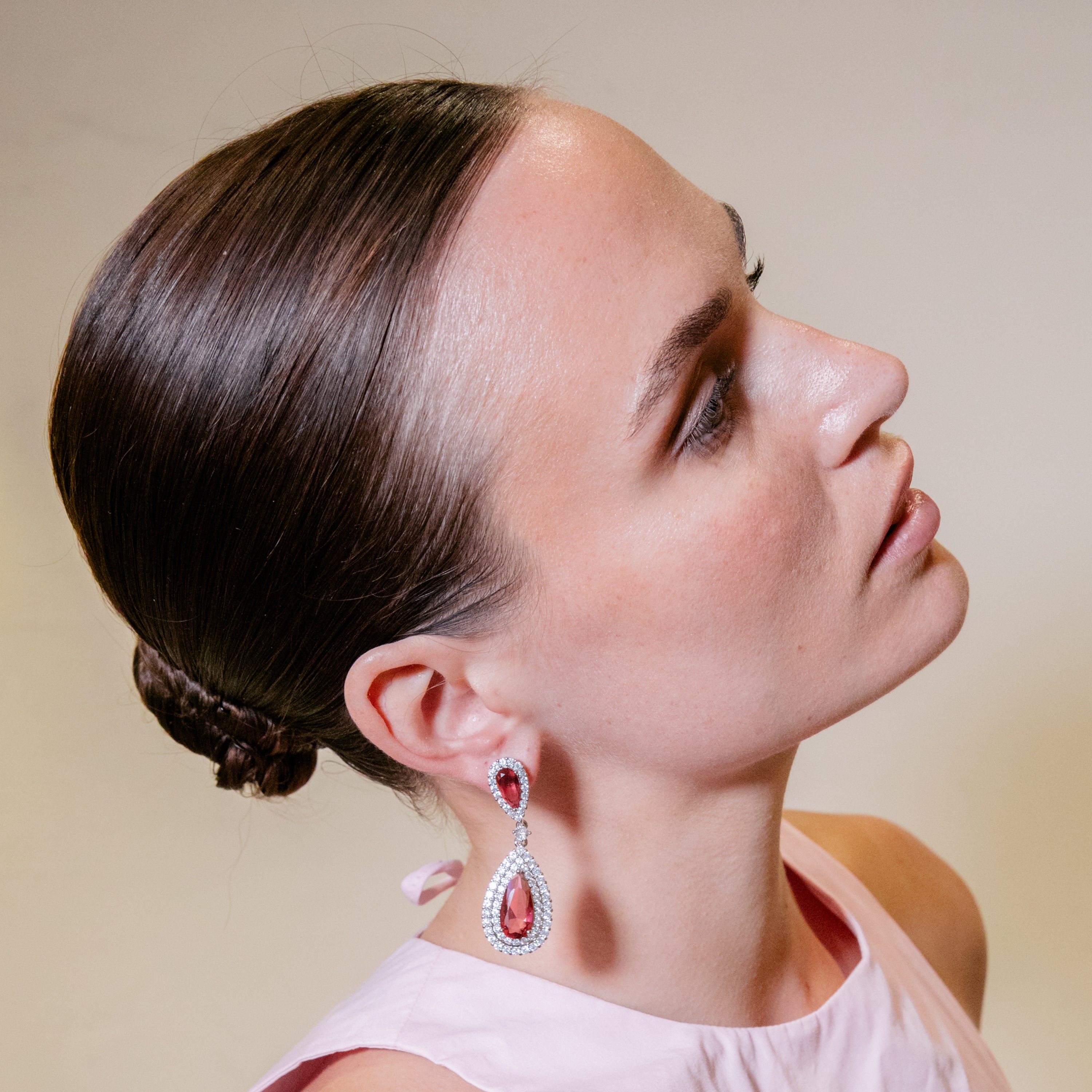 Rhodium-Plated Ruby Cubic Zirconia Earrings - Mijou