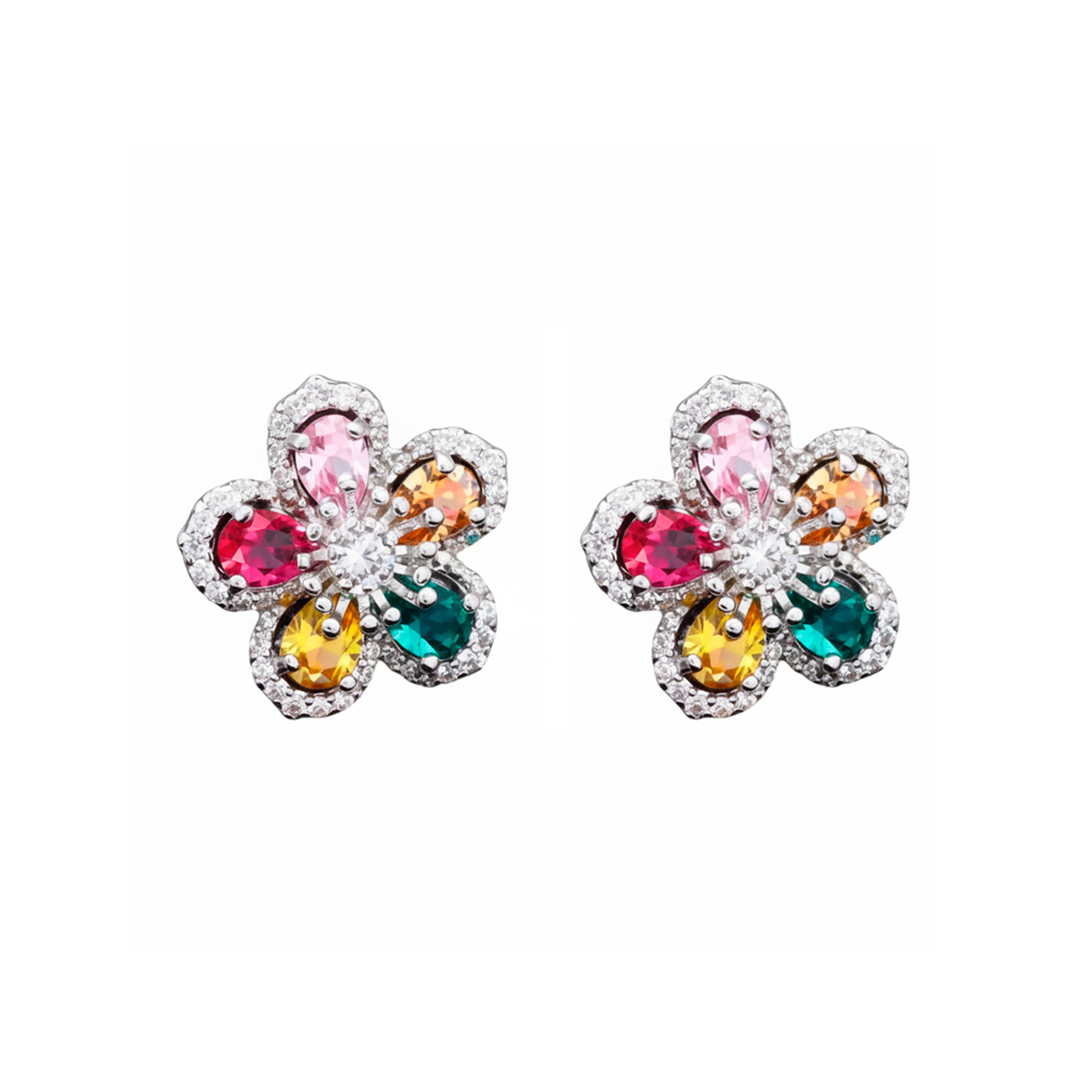 Multicolor Zirconia Stud Earrings with Rhodium Plating - Raxbou