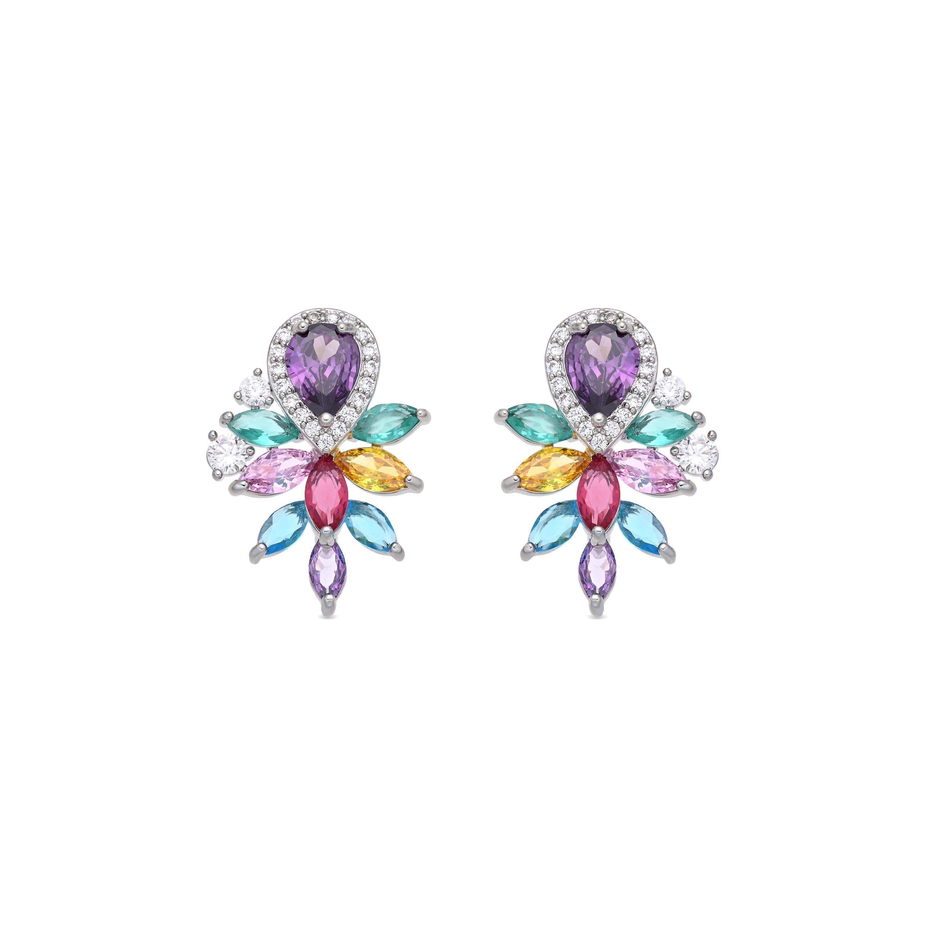 Multicolor Zirconia Stud Earrings Silver Plated - Furath