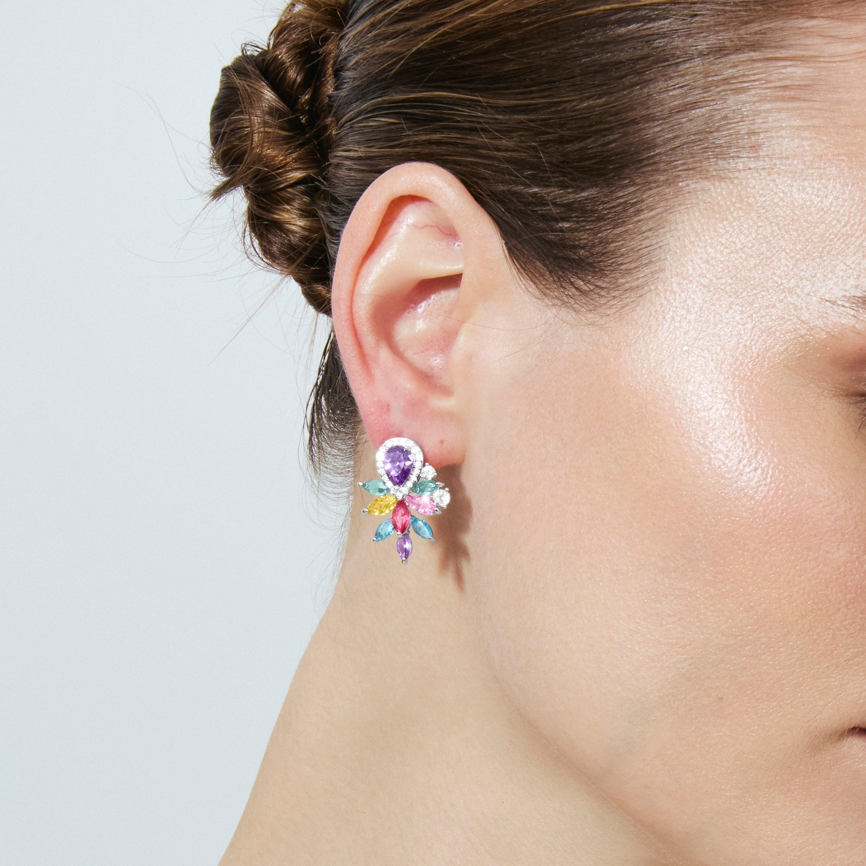 Multicolor Zirconia Stud Earrings Silver Plated - Furath