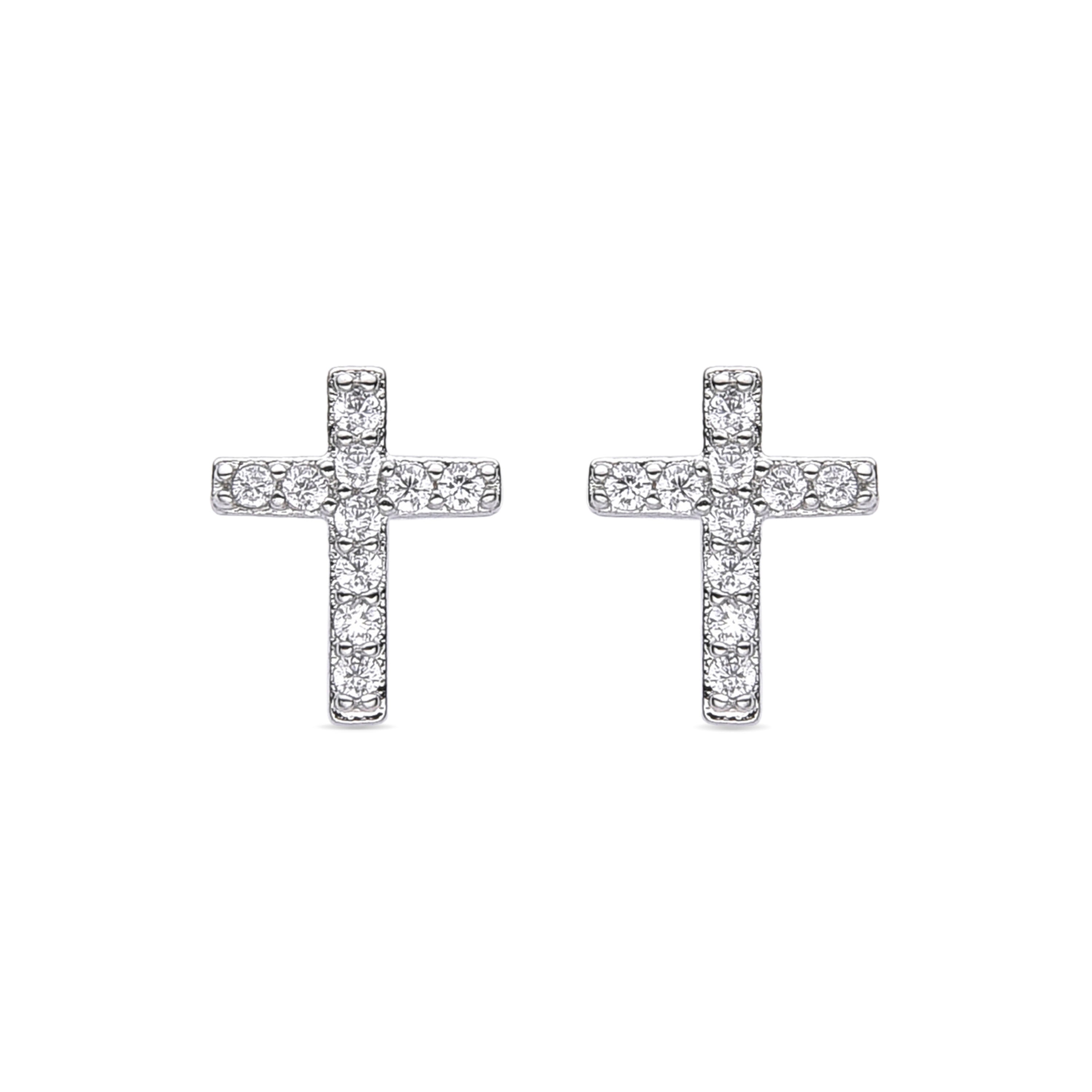 Rhodium-Plated Shimmering Cubic Zirconia Stud Earrings - Cross