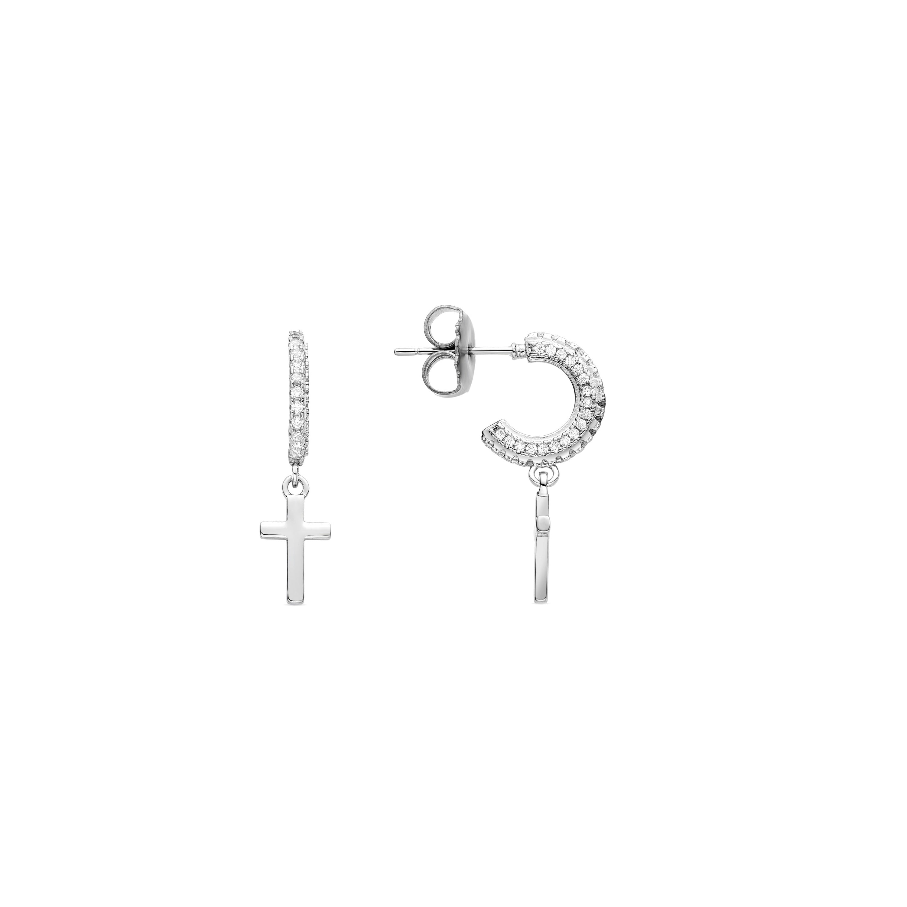 Rhodium-Plated Shimmering Cubic Zirconia Stud Earrings - Cross