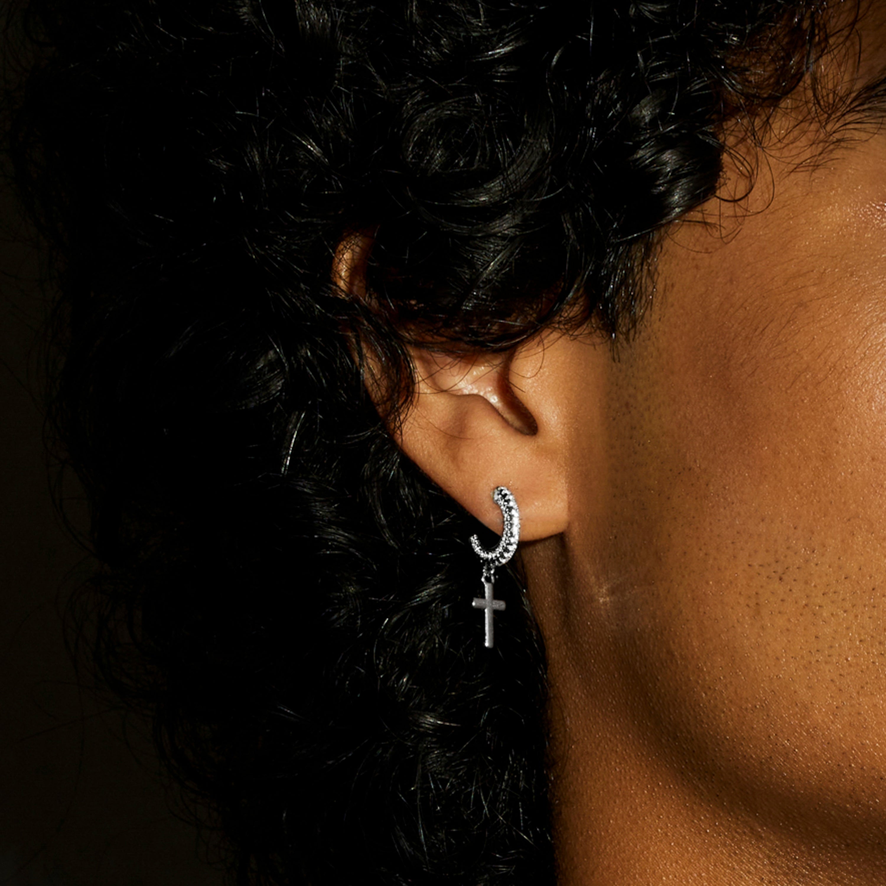 Rhodium-Plated Shimmering Cubic Zirconia Stud Earrings - Cross