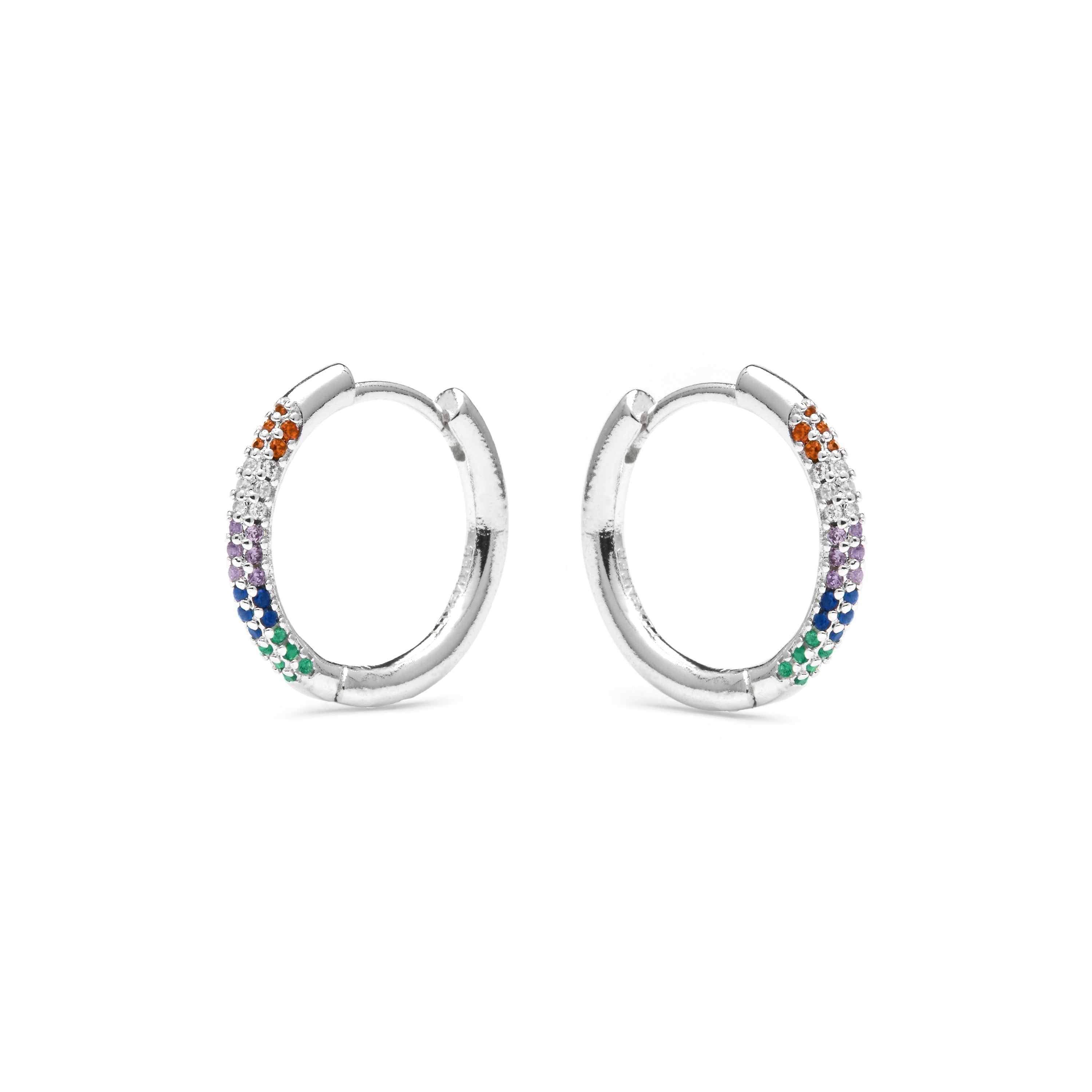Brincos com acabamento prateado e zircônia multicolorida - Thybus