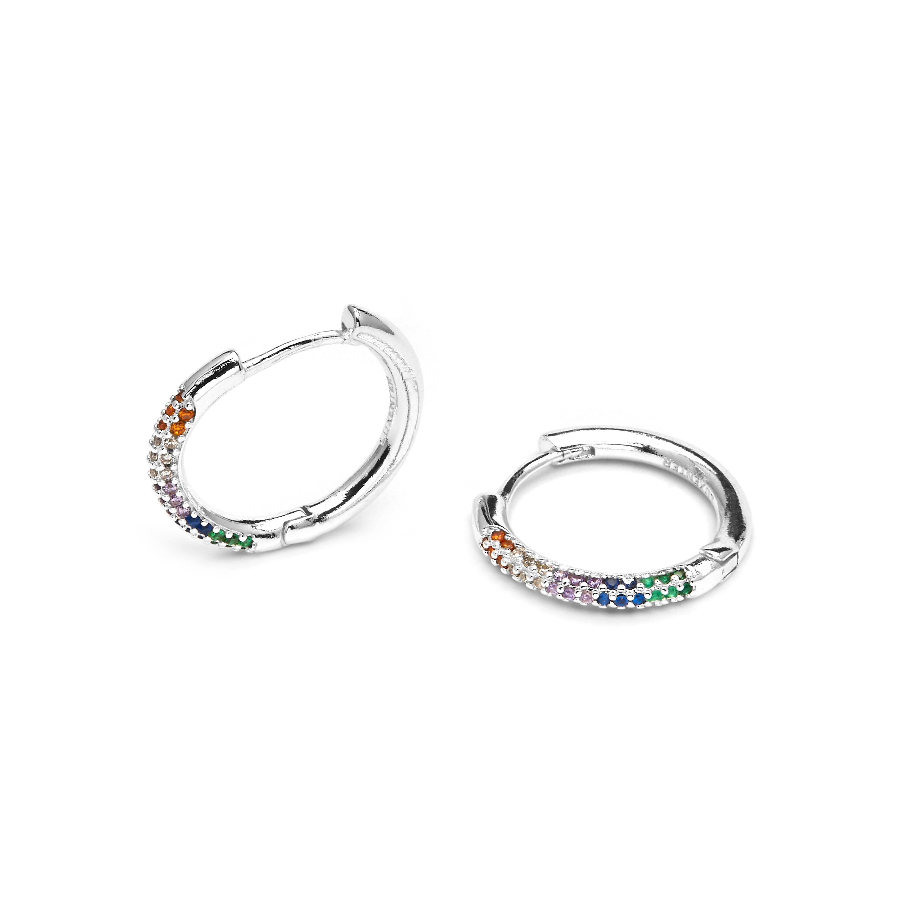 Brincos com acabamento prateado e zircônia multicolorida - Thybus