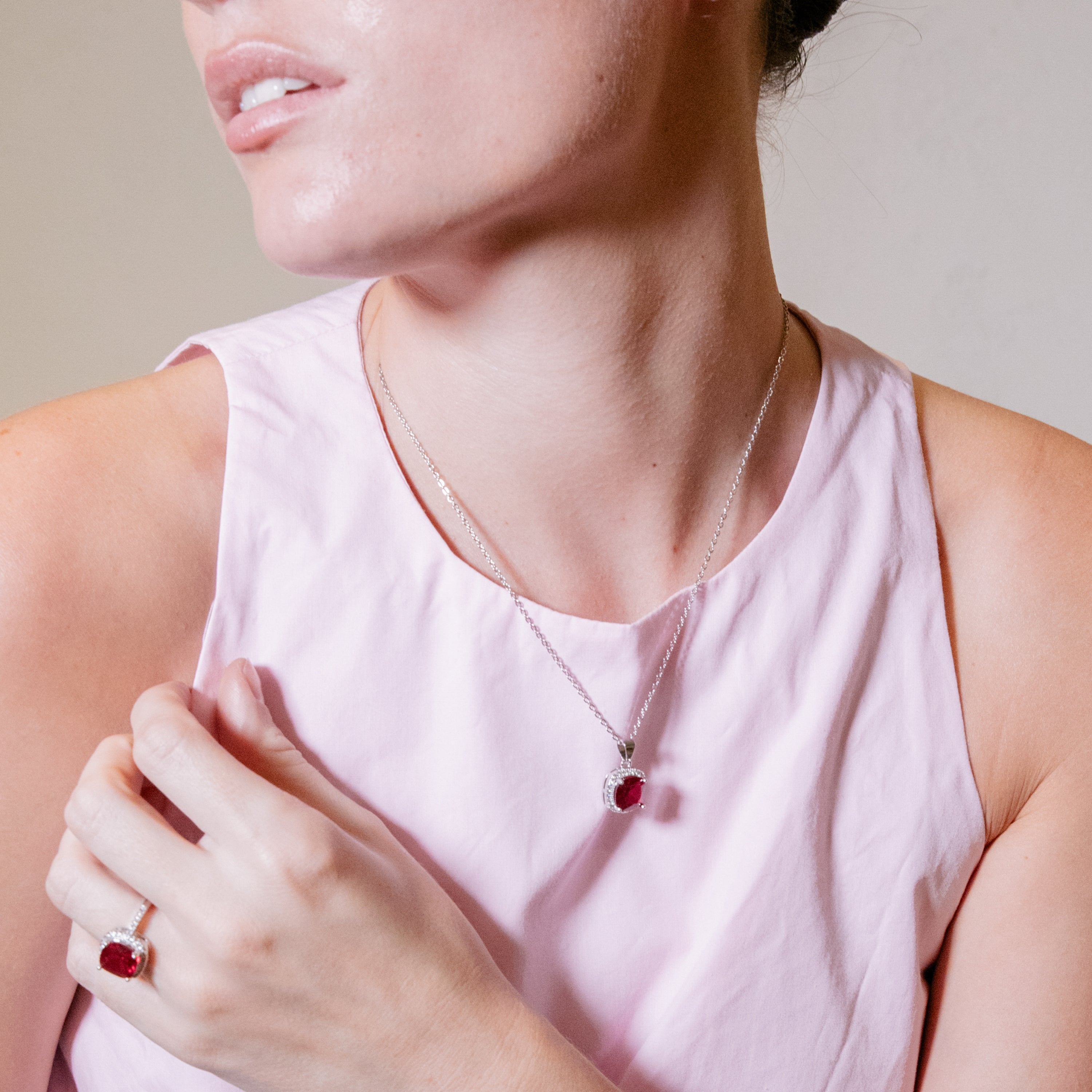 Rhodium-Plated Ruby Zircon Necklace - Kada