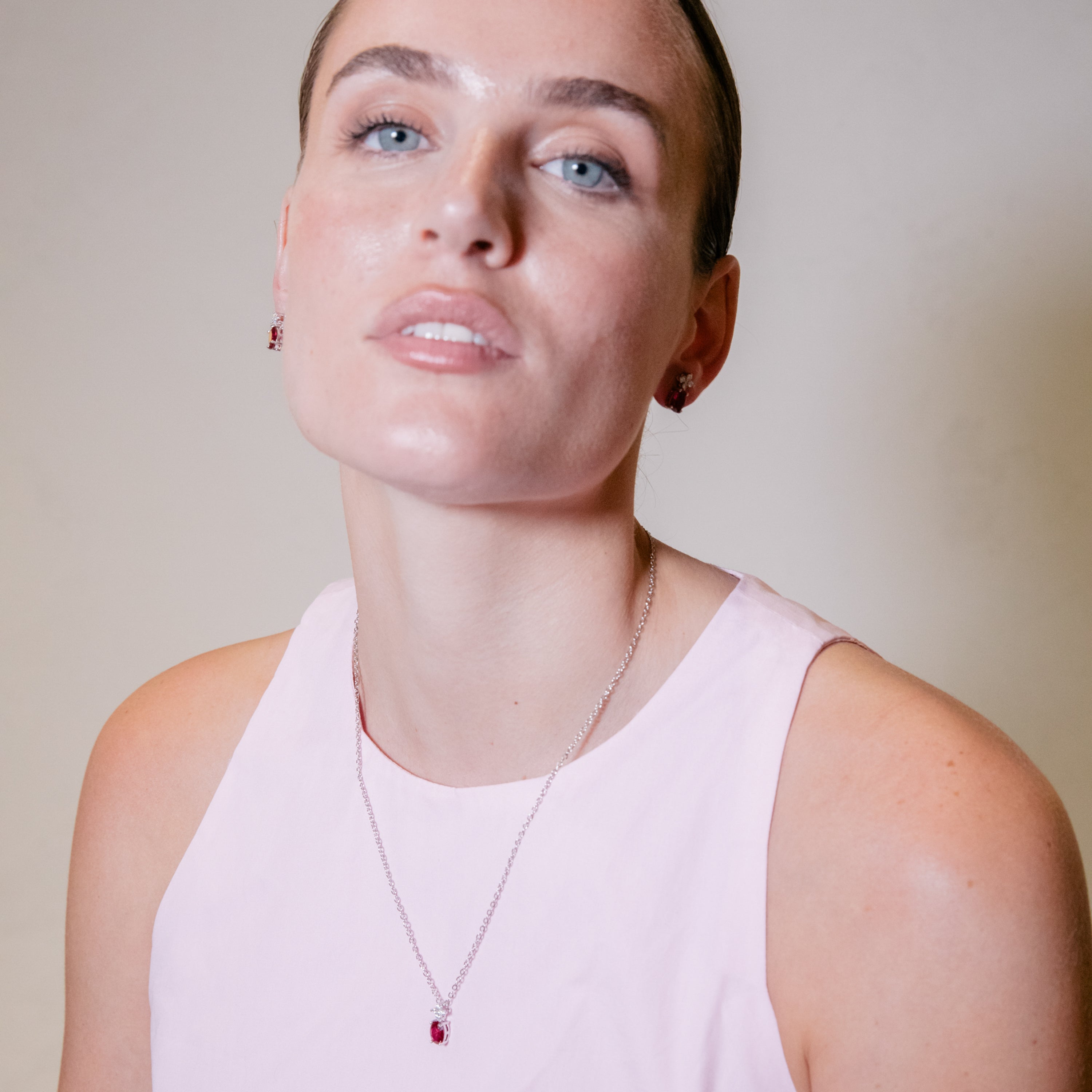 Rhodium-plated Ruby Zircon Necklace - Misze