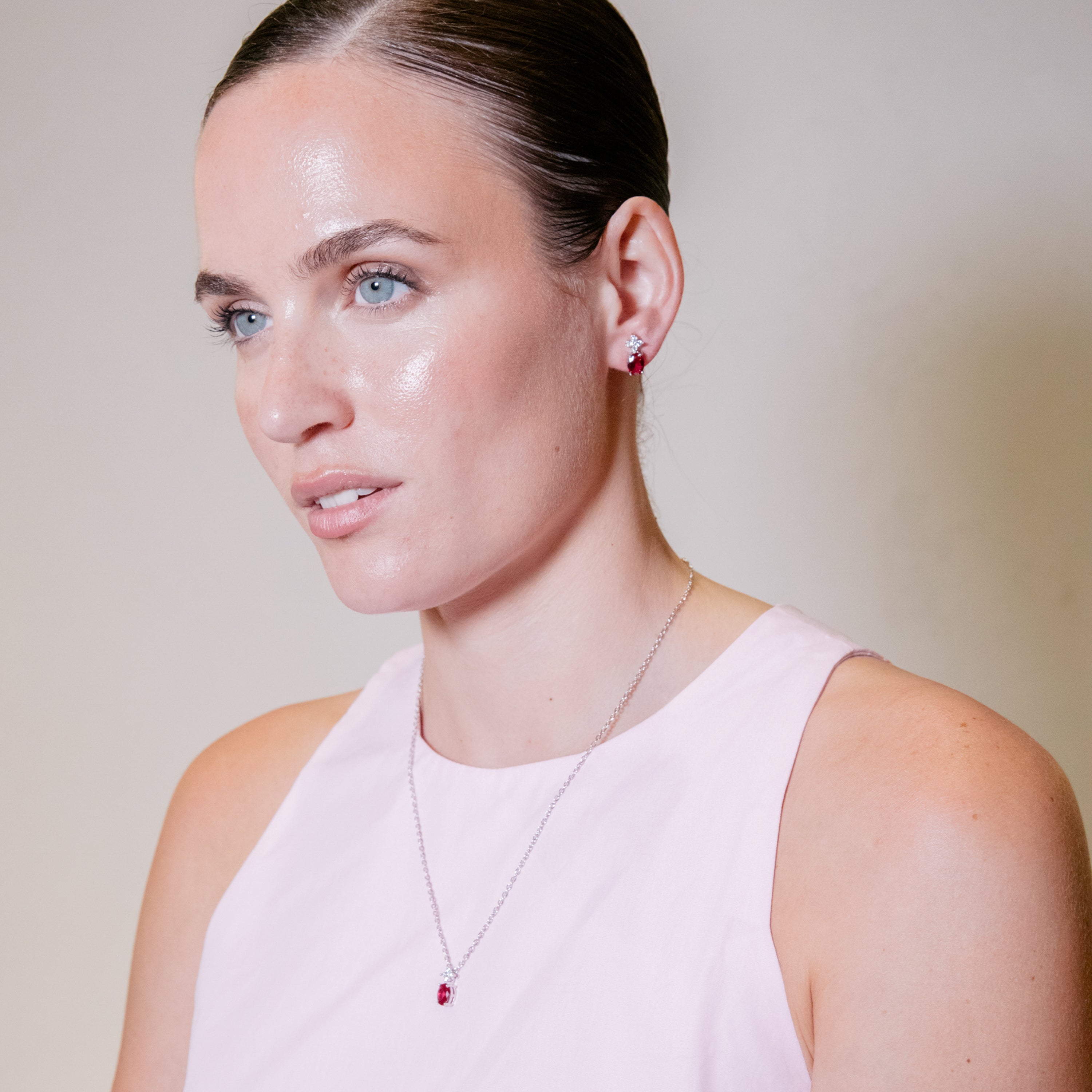 Rhodium-plated Ruby Zircon Necklace - Misze