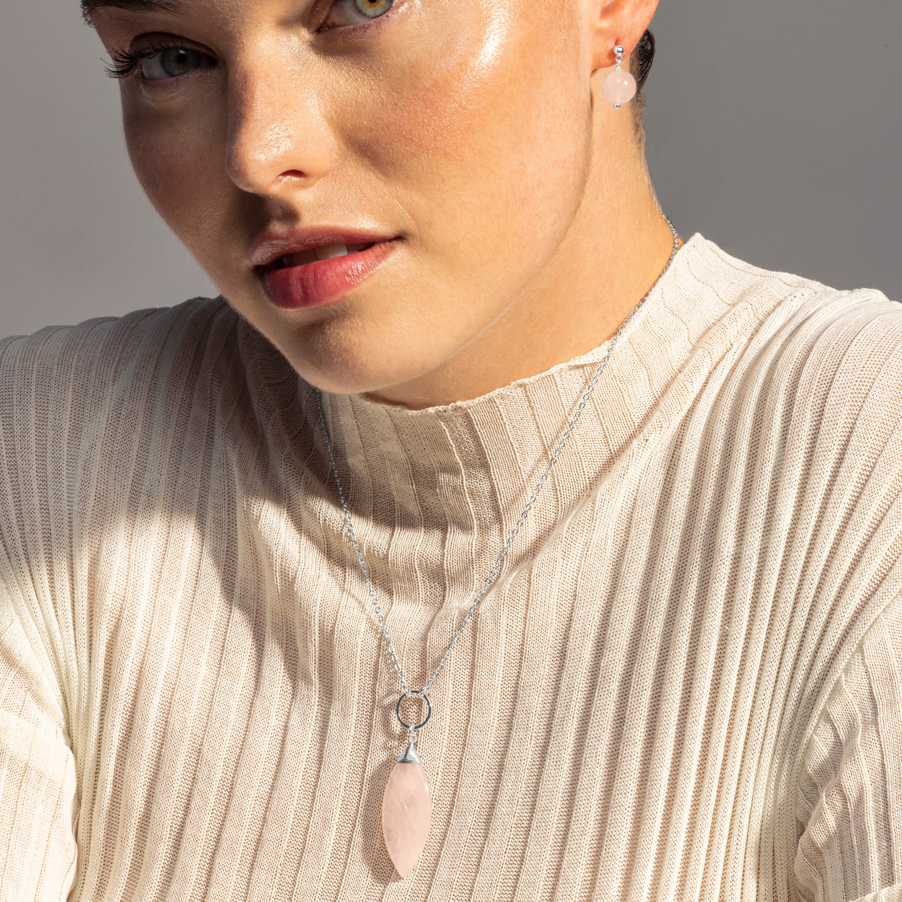 Rose Quartz Necklace with Rhodium Finish - Ayom