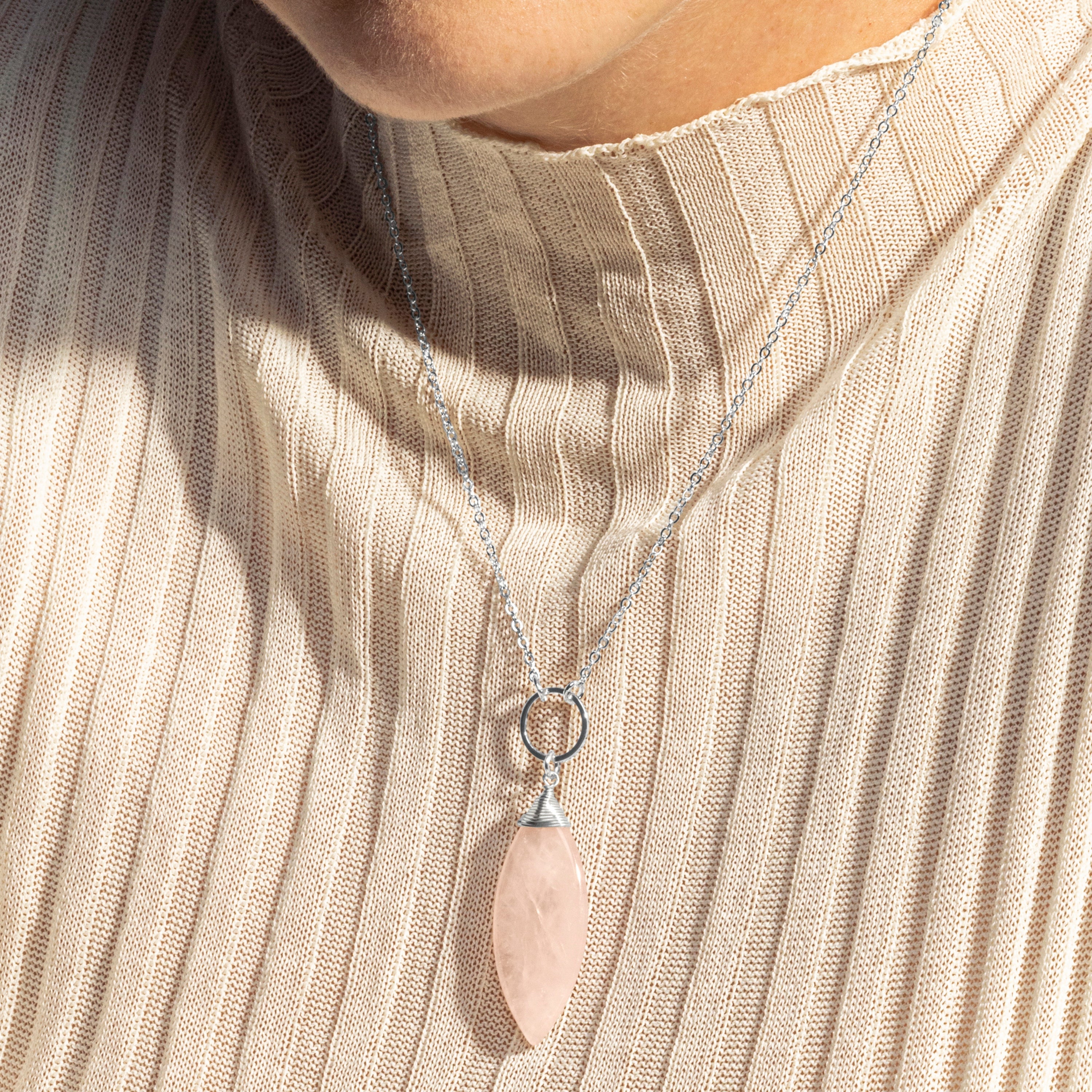 Rose Quartz Necklace with Rhodium Finish - Ayom