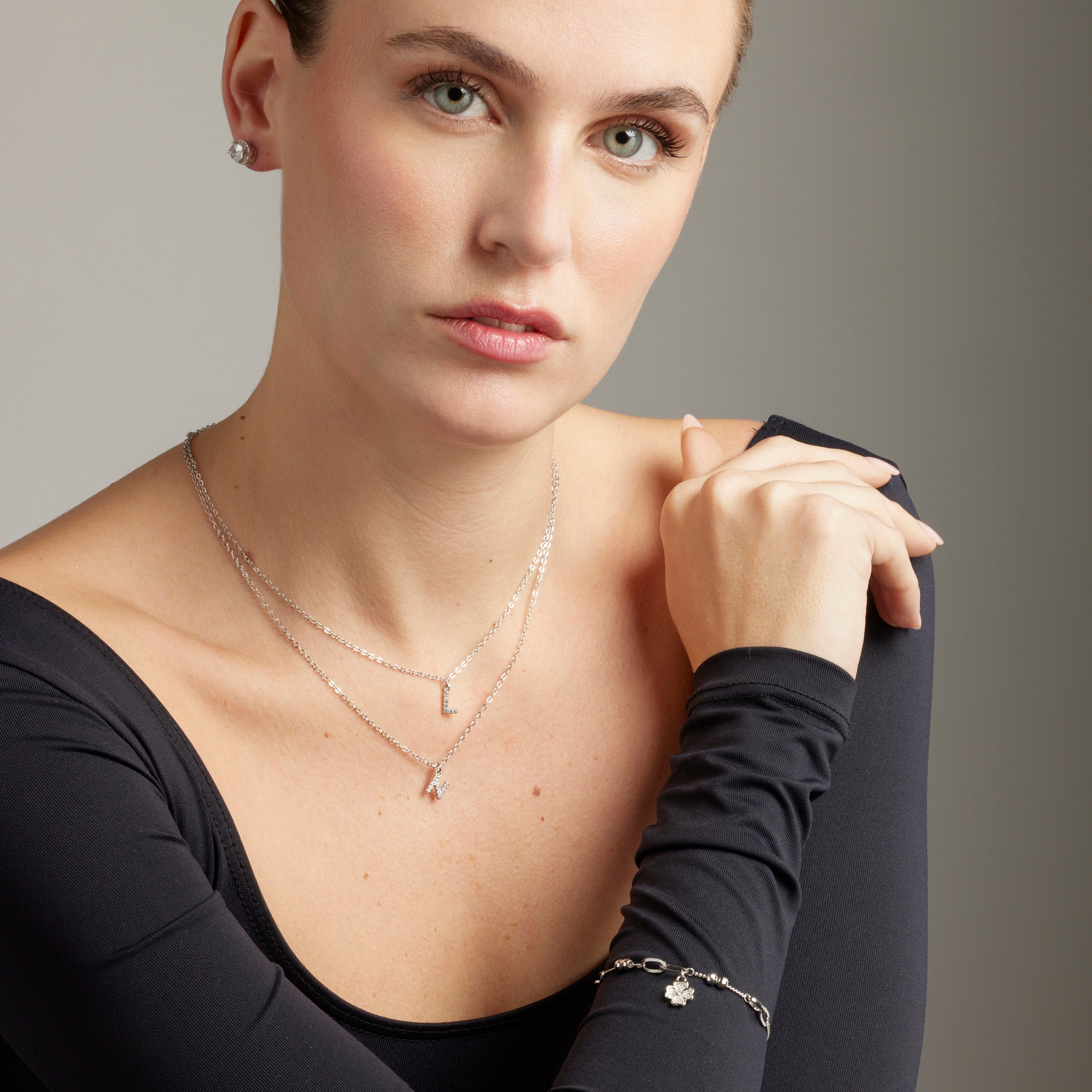 Alphabet Necklace with Shiny Zirconia in Silver Finish