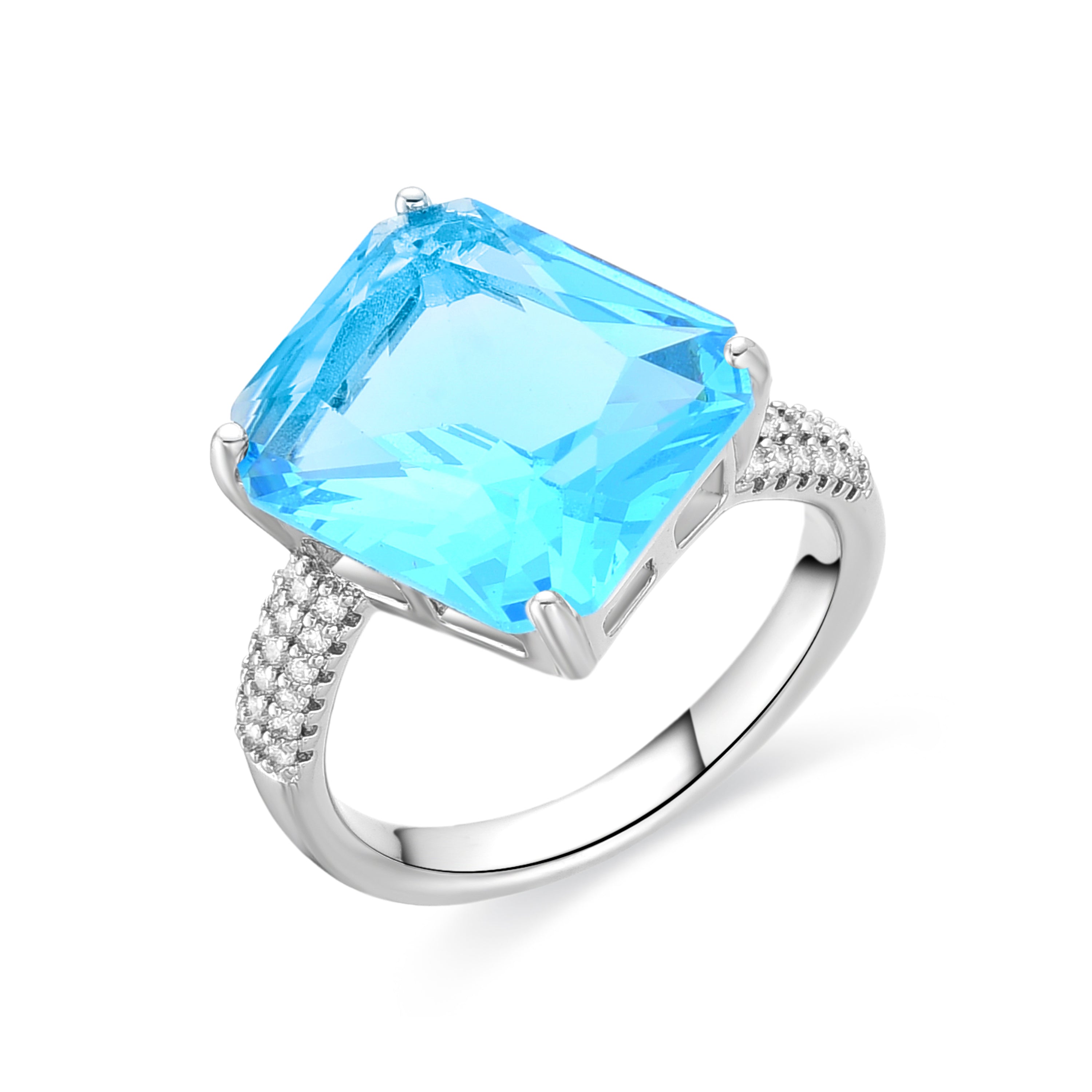 Ring with Blue Topaz Zirconia finished in rhodium - Anfay