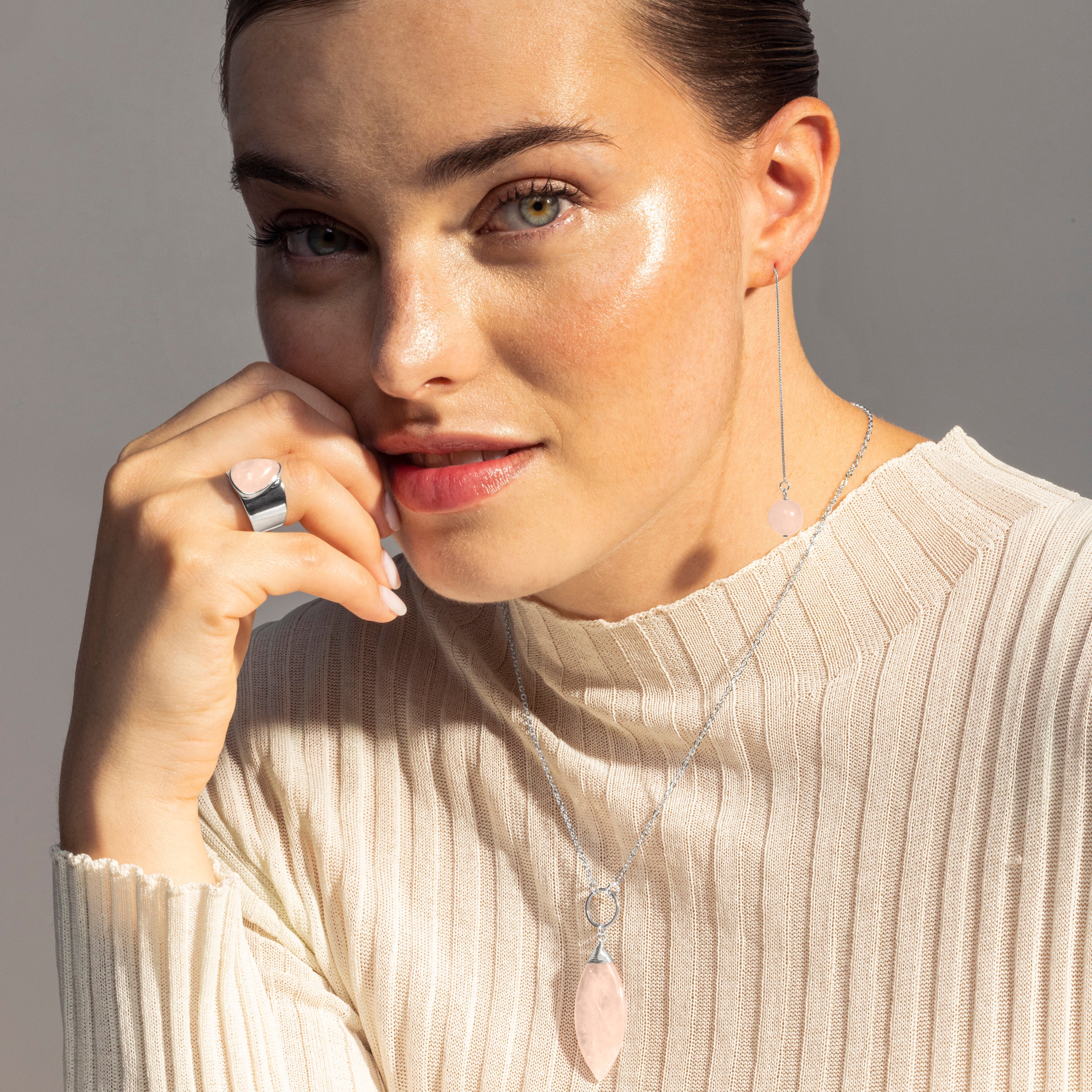 Rose Quartz Ring with Rhodium Finish - Sheak