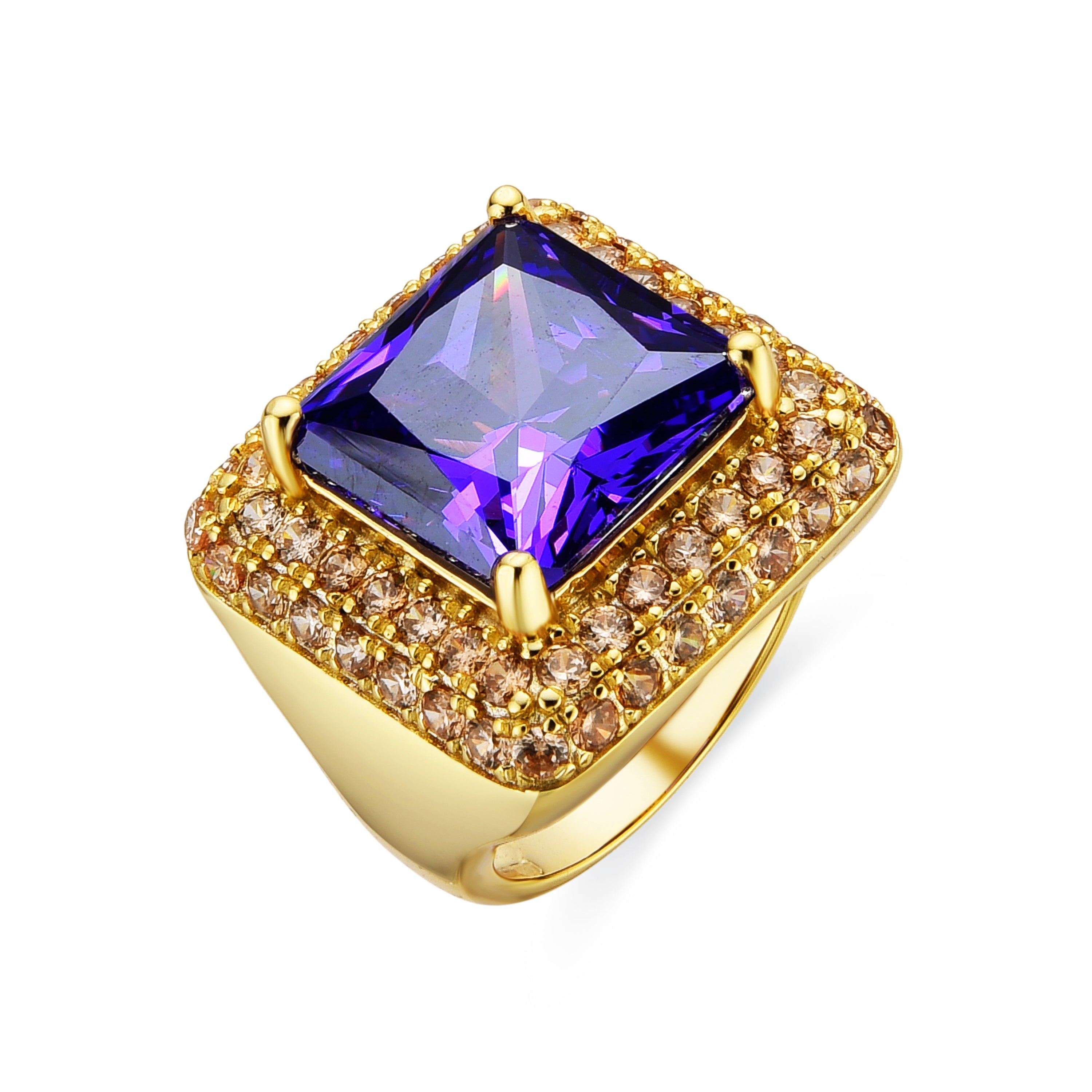 925 Sterling Silver and Champagne Zirconia Ring with 18k Gold Finish - Hysepth