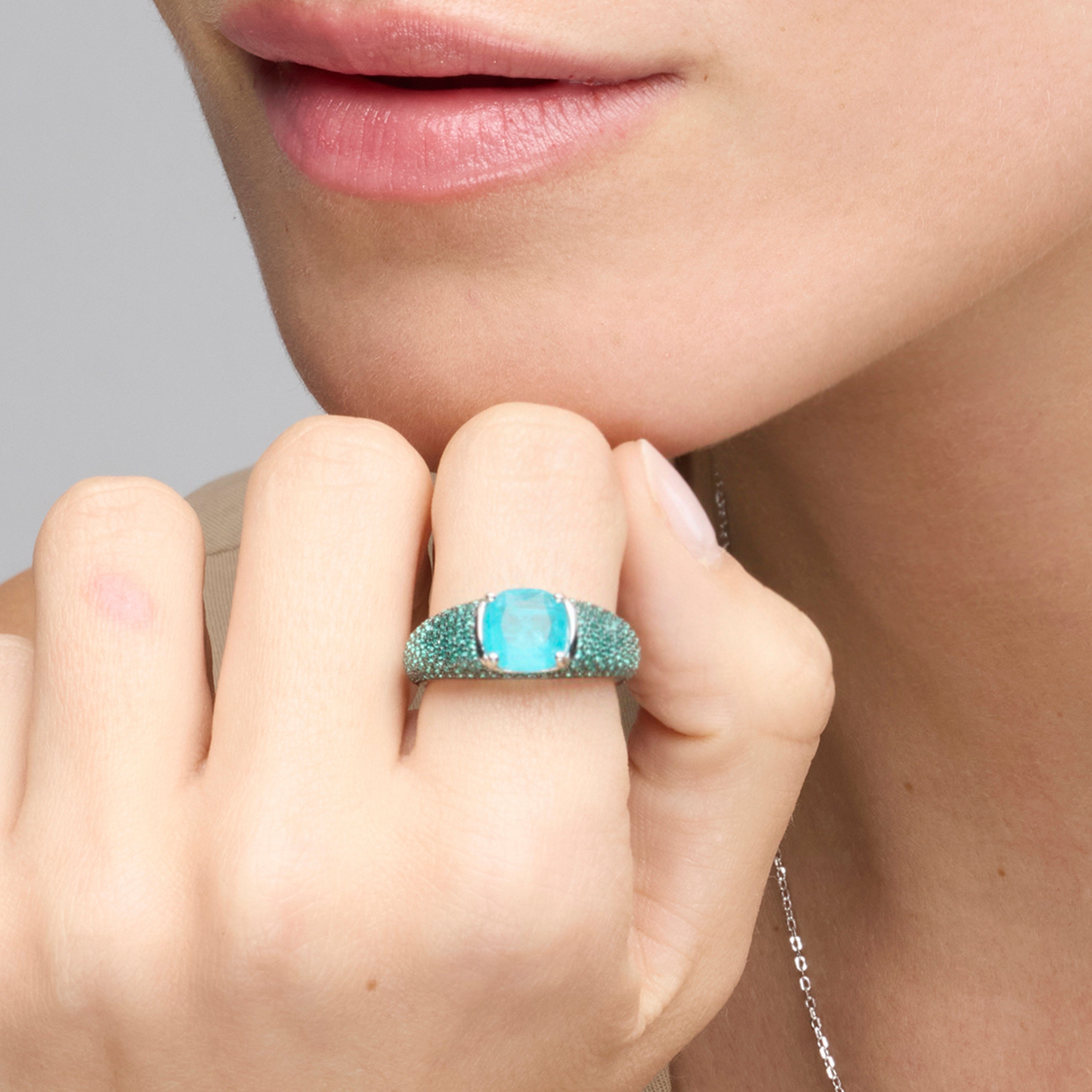 925 Sterling Silver and Paraiba Green Hydrothermal Quartz Ring with Rhodium Finish - Lesli