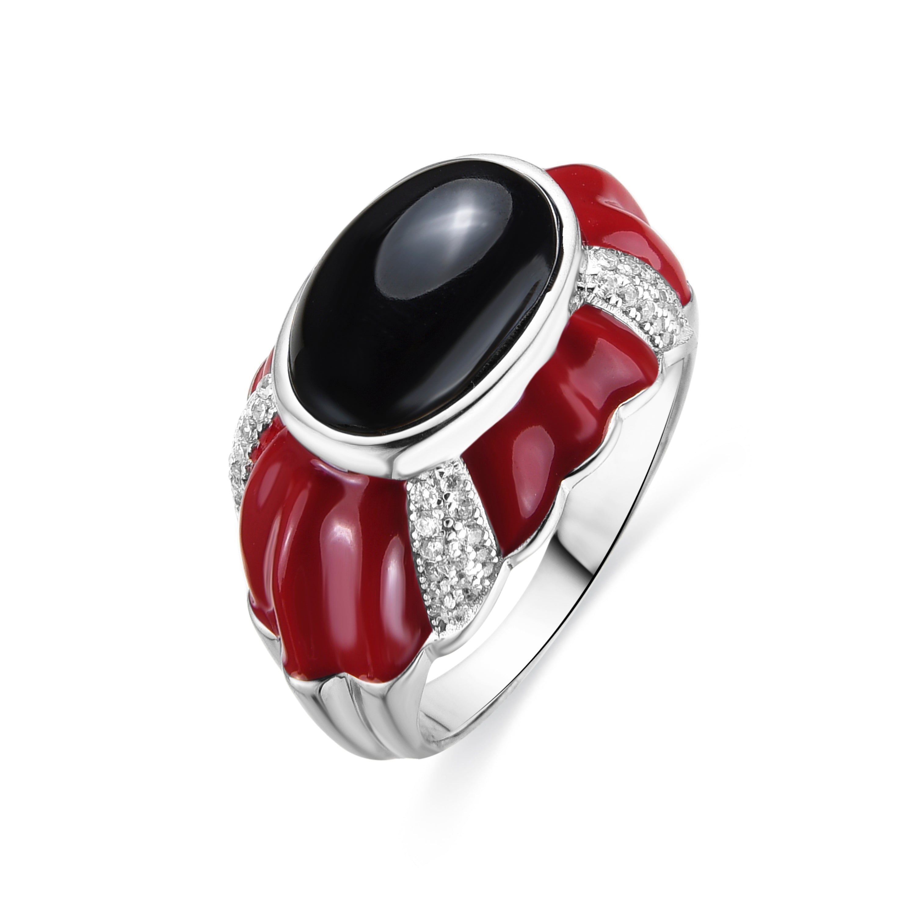 925 Sterling Silver and Red Lacquer Ring with Rhodium Finish - Rendi