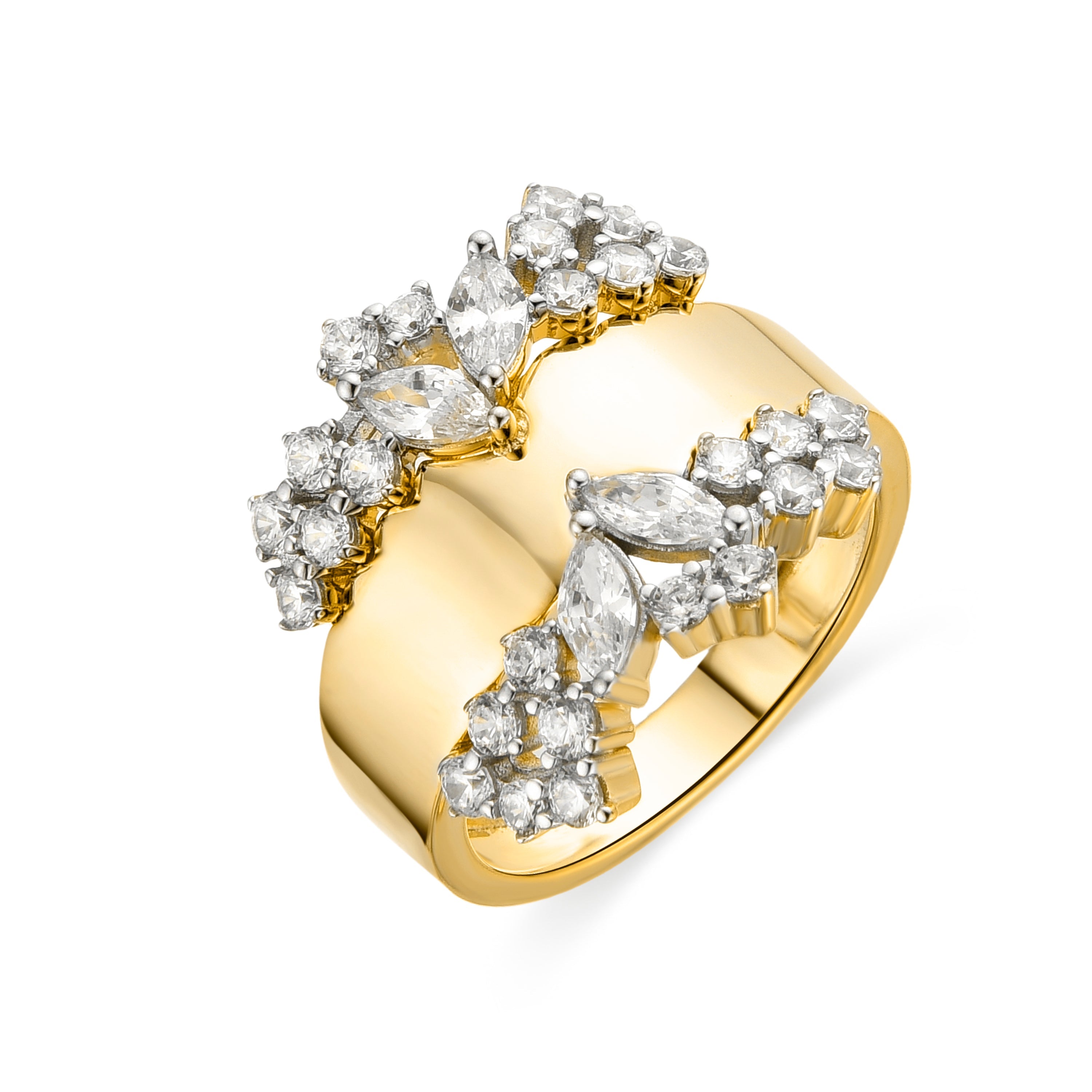 925 Sterling Silver and Brilliant Zirconia Ring, 18k Yellow Gold Finish - Larent