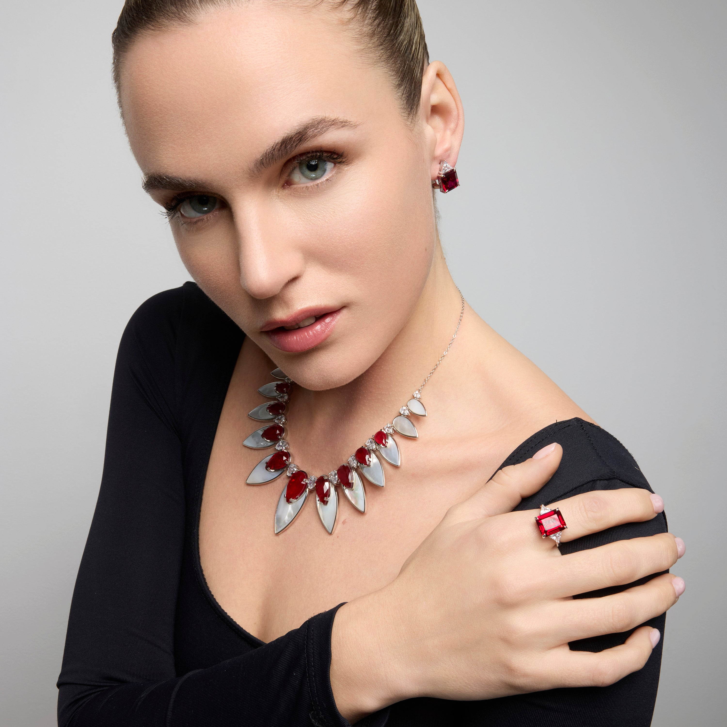 925 Sterling Silver and Ruby Zirconia Ring with Rhodium Finish - Xifa