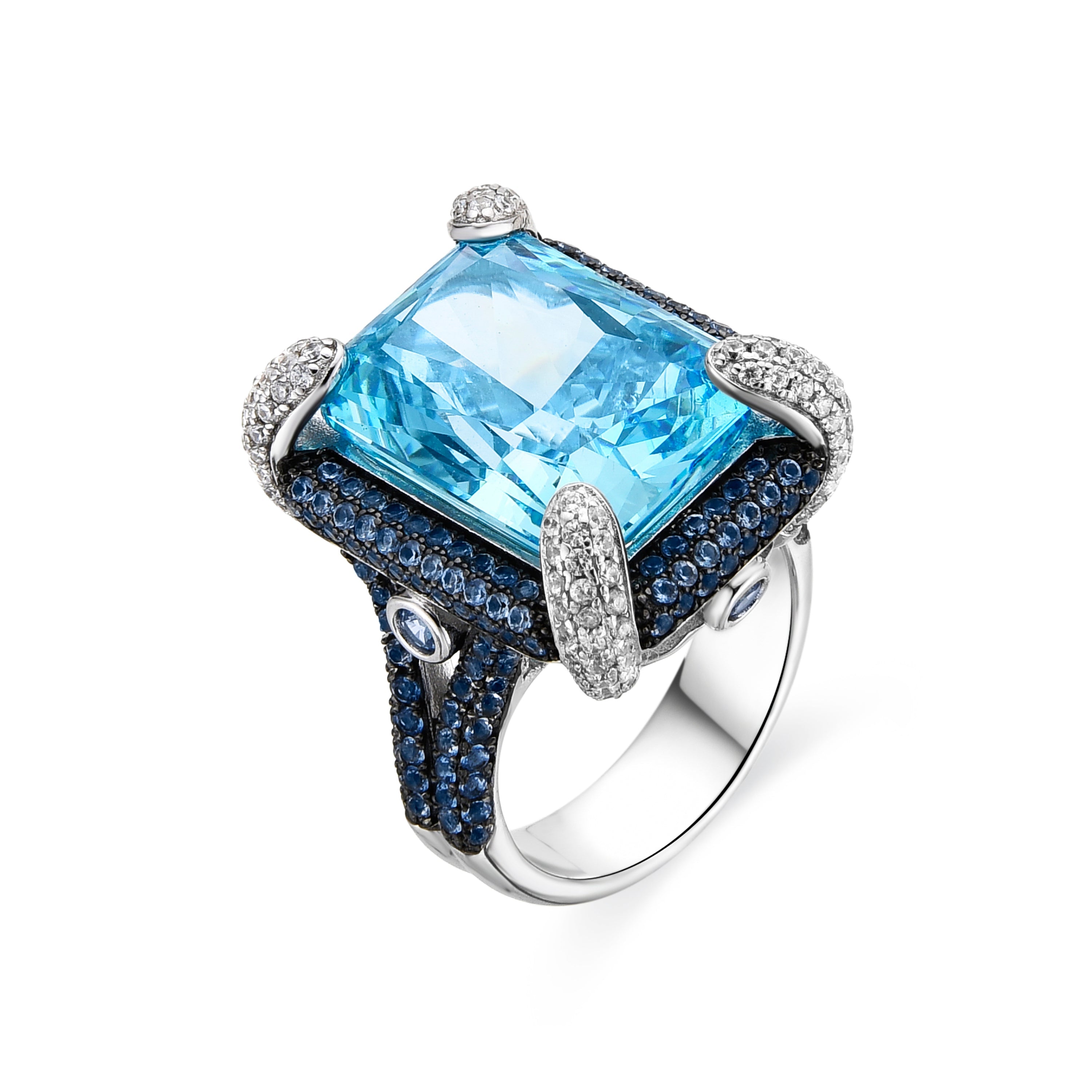925 Sterling Silver and Aquamarine Zirconia Ring with Rhodium Finish - Liwi