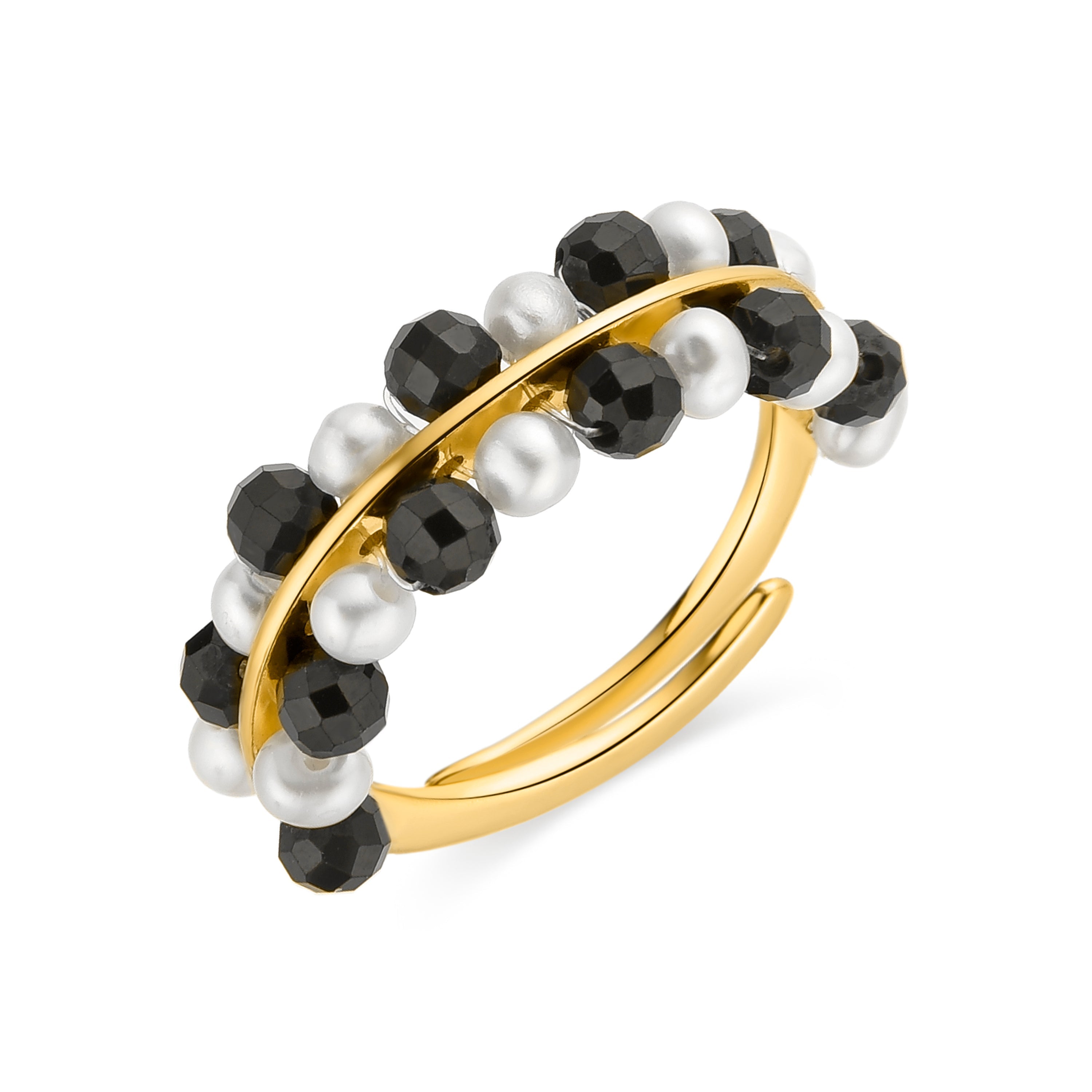 925 Sterling Silver Ring with Black Crystal finished in 18K Yellow Gold - Hizri