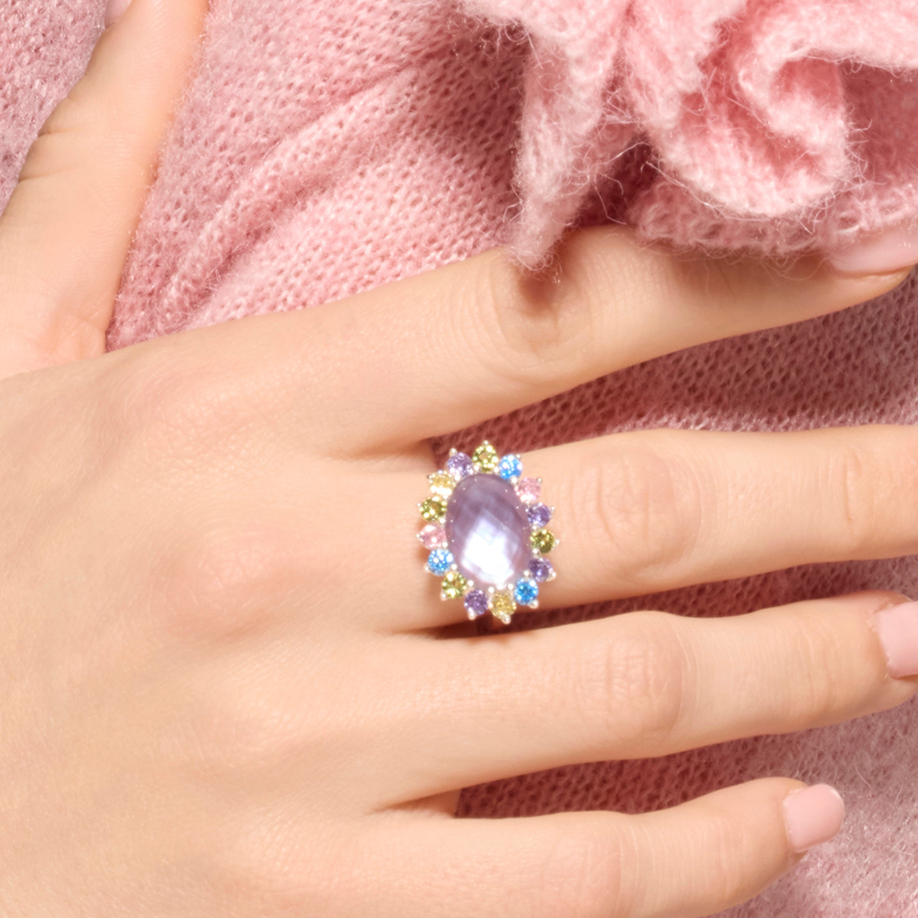 925 Sterling Silver and Multicolor Zirconia Ring with Rhodium Finish - Nopsa