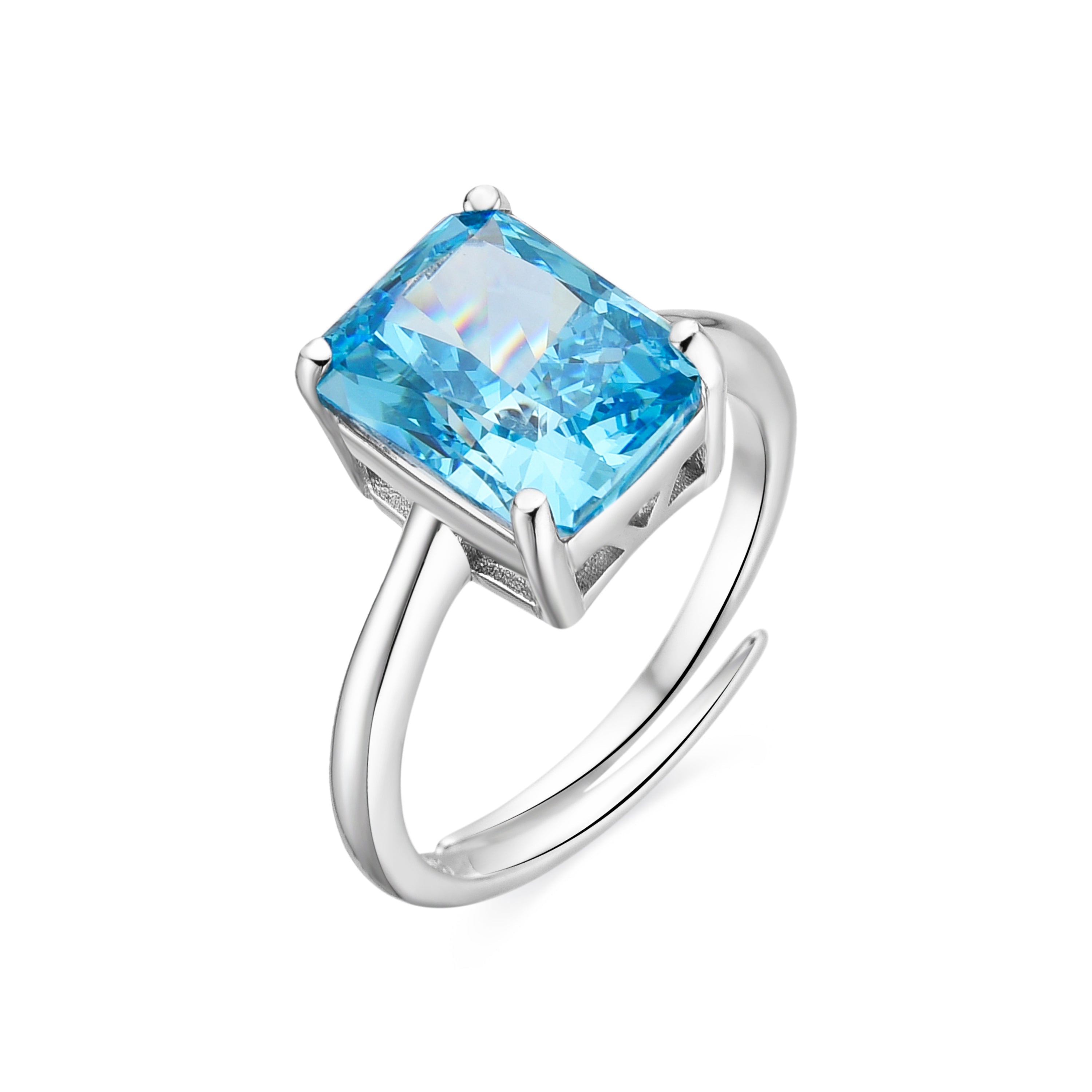 925 Sterling Silver and Blue Topaz Zirconia Ring with Rhodium Finish - Sibke