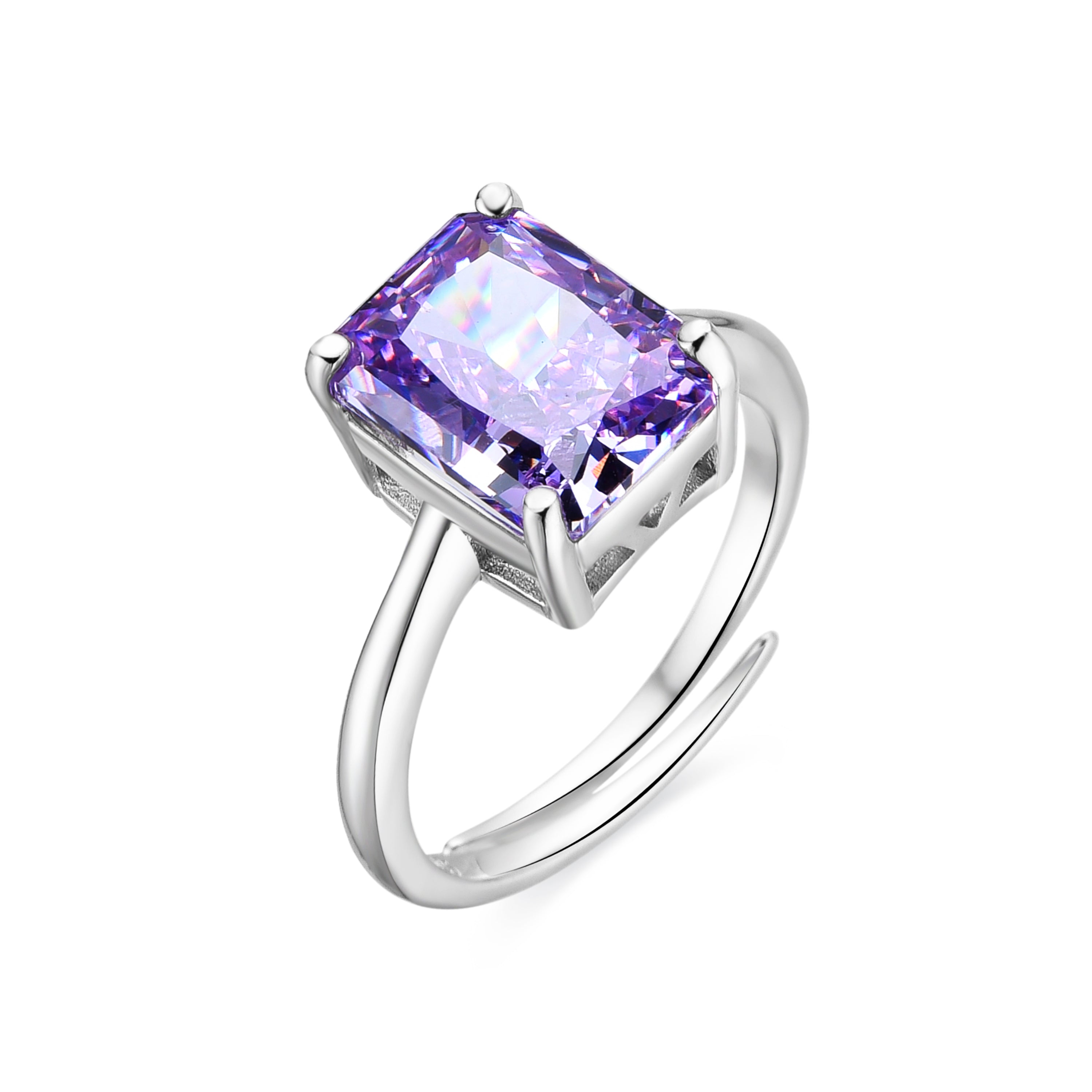 925 Sterling Silver and Amethyst Zirconia Ring with Rhodium Finish - Sibke