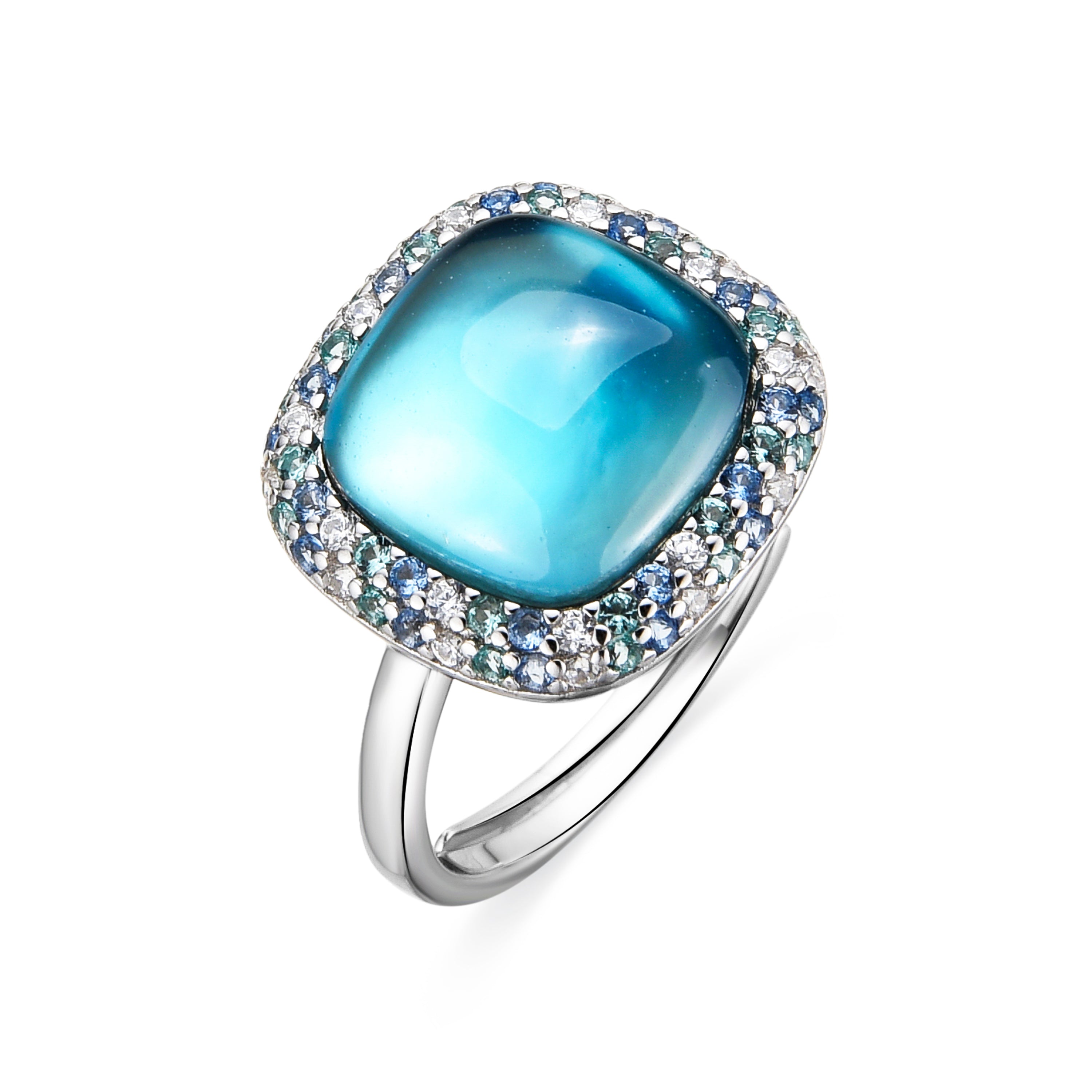 925 Sterling Silver Ring with Hematite/Blue Crystal Doublet, Rhodium Finish - Baddal