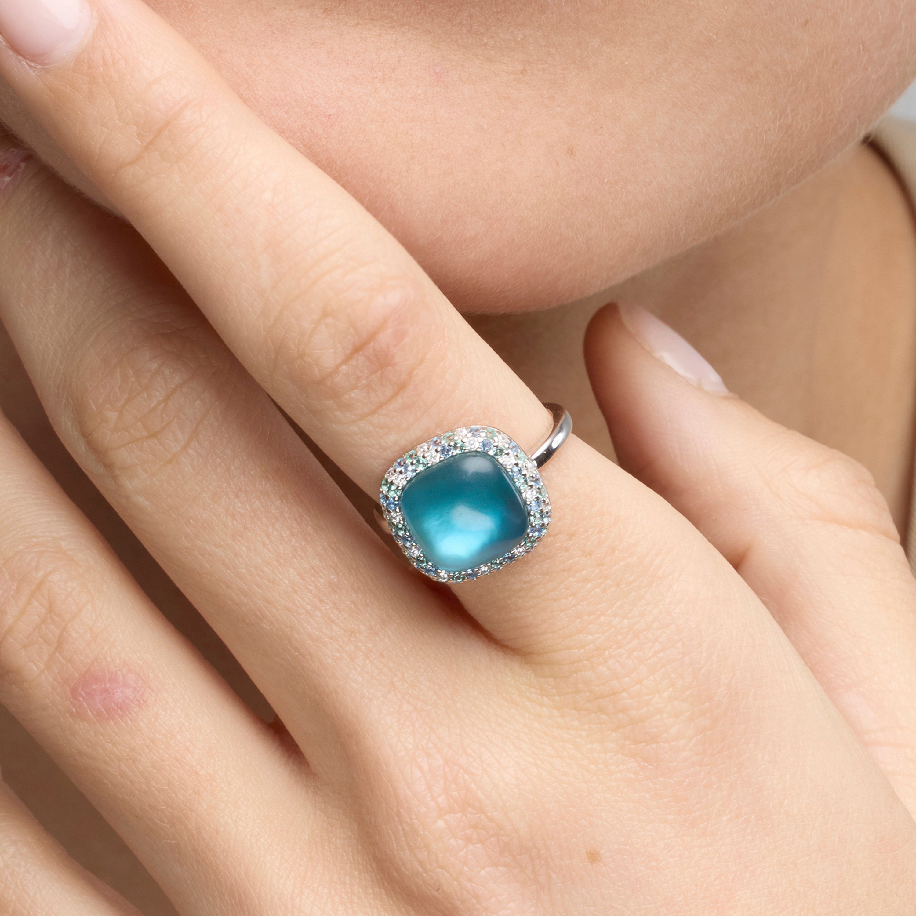 Anel de Prata Esterlina 925 e Hematita Dupla / Cristal Azul com acabamento em ródio - Baddal