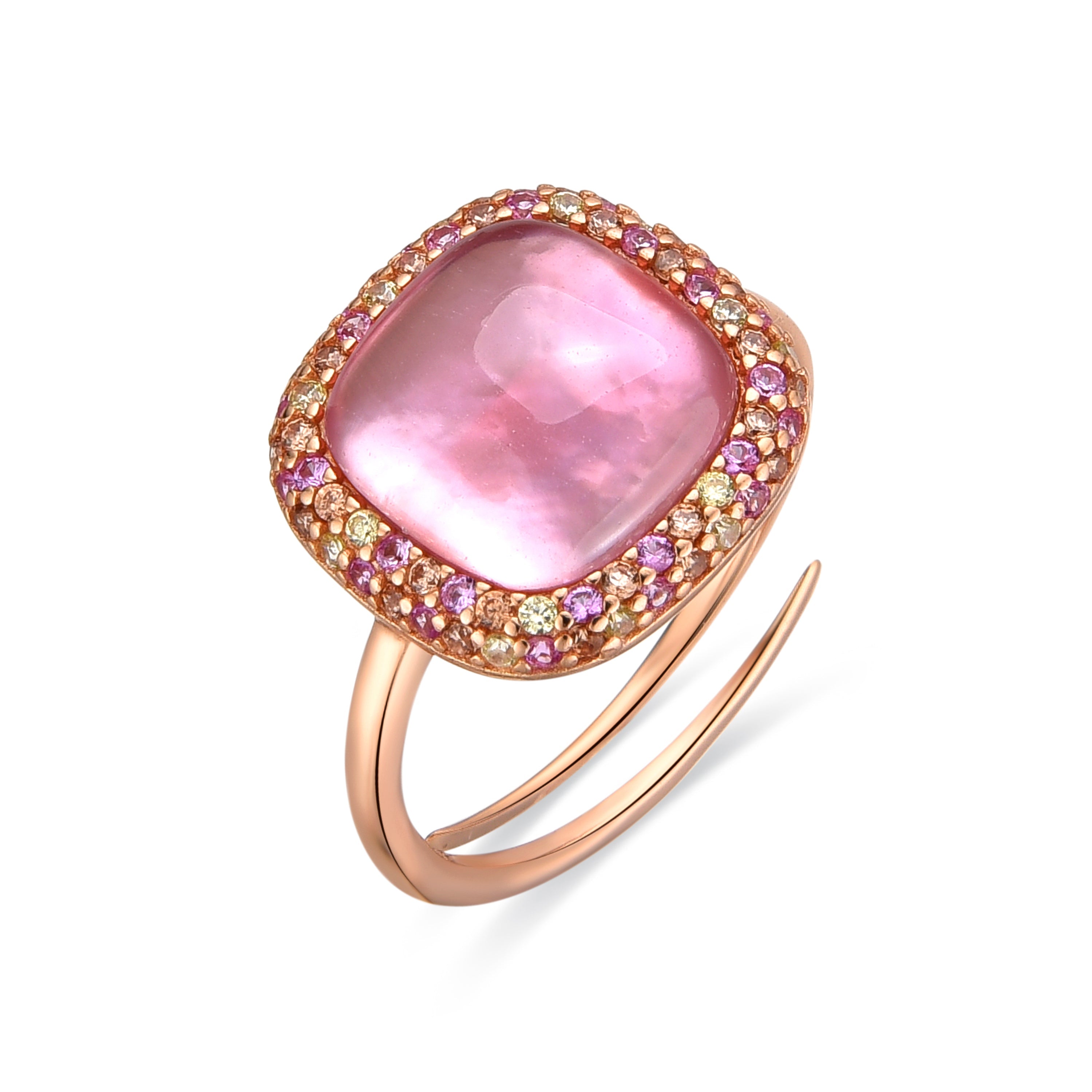 925 Sterling Silver and Pink Mother of Pearl/Crystal Doublet Ring, 18k Yellow Gold Finish - Baddal