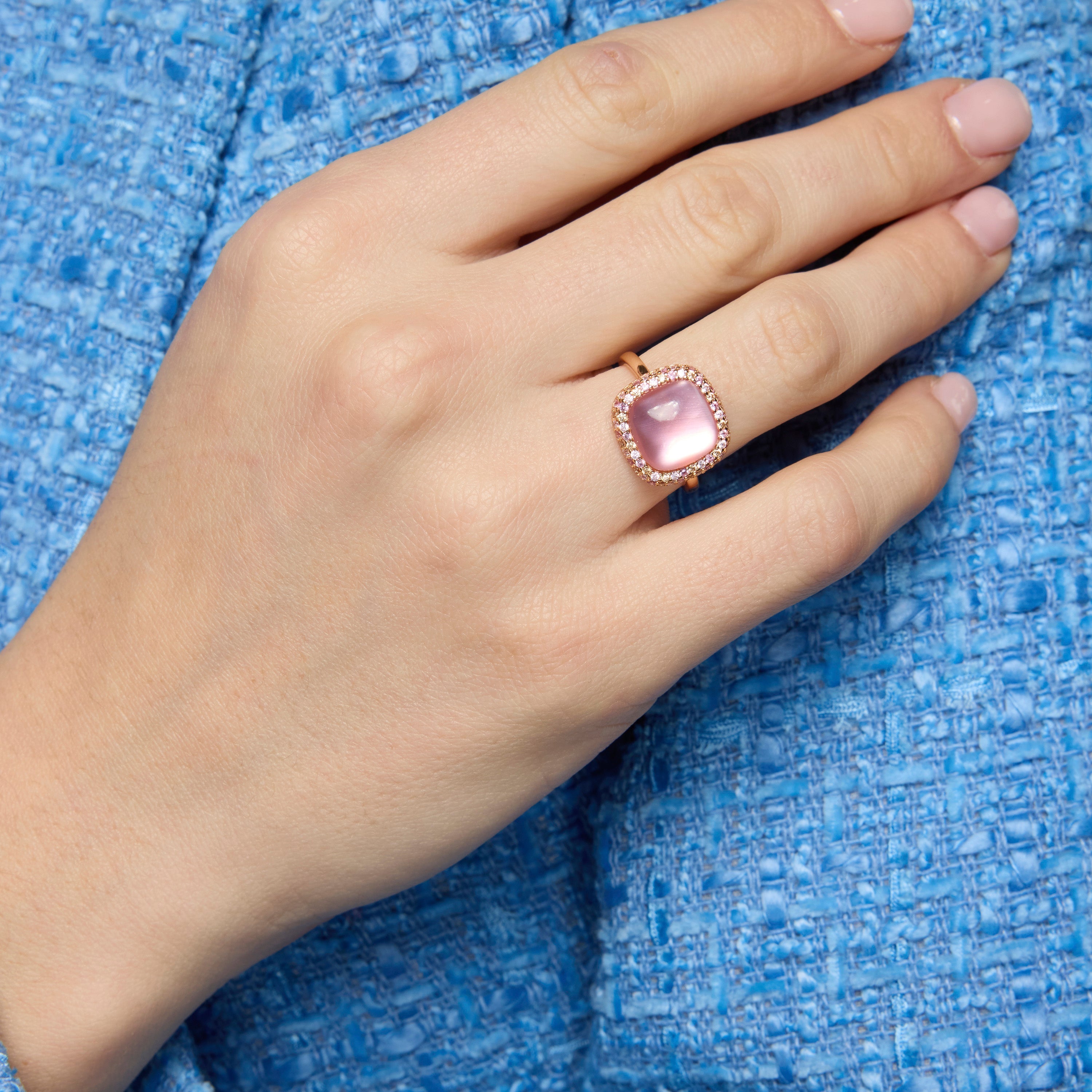 925 Sterling Silver and Pink Mother of Pearl/Crystal Doublet Ring, 18k Yellow Gold Finish - Baddal