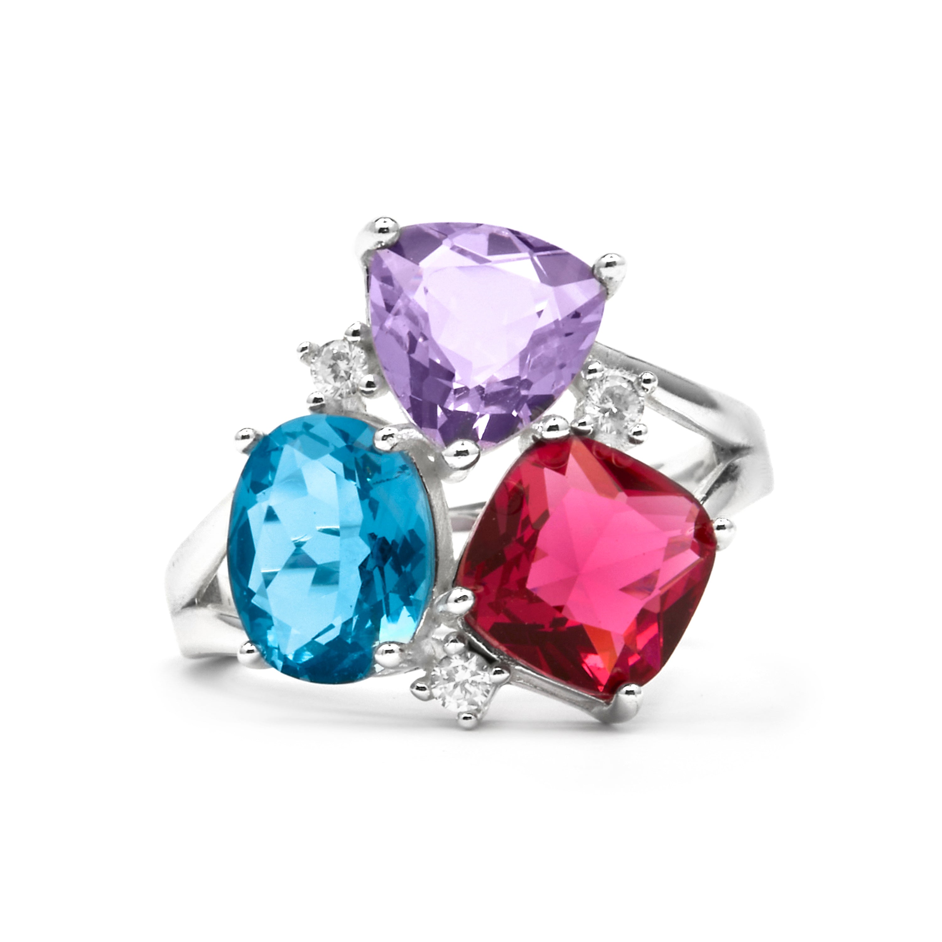 Anillo de Plata de Ley 925 y Cuarzo Hidrotermal Multicolor acabado rodio - Damam