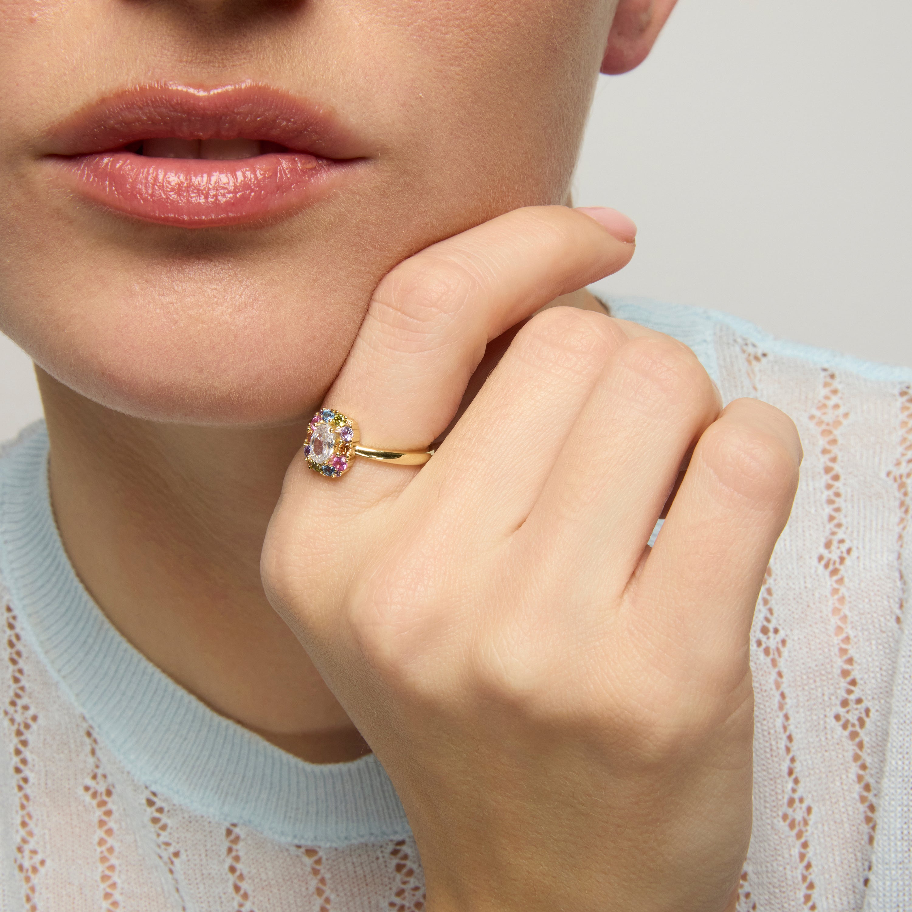 925 Sterling Silver and Multicolor Zirconia Ring, 18k Yellow Gold Finish - Mezay