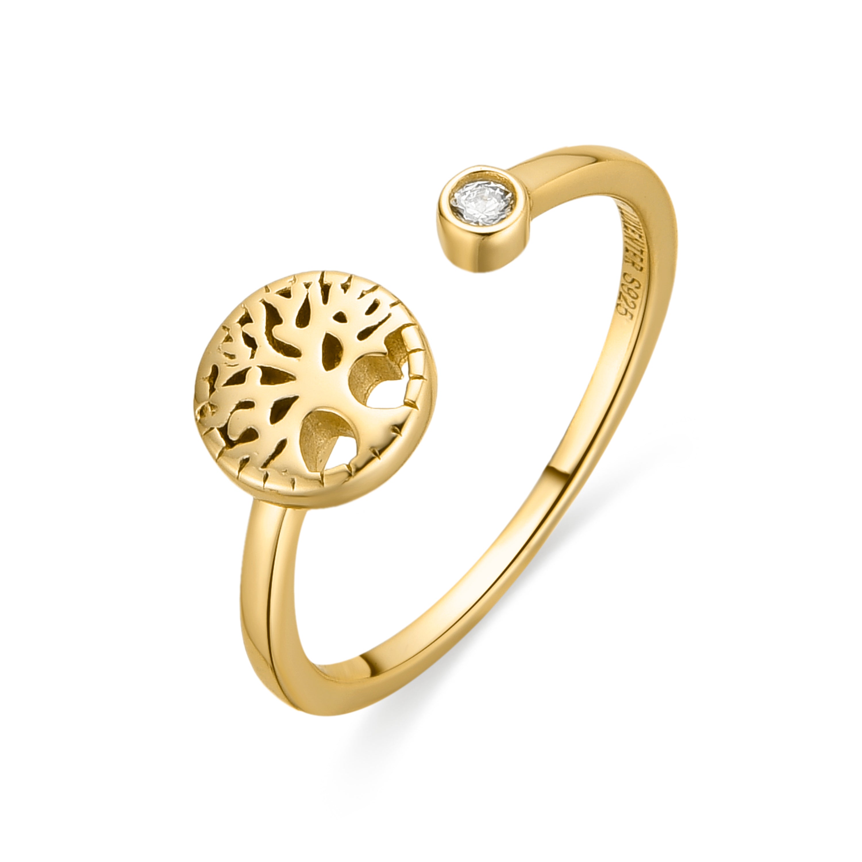 925 Sterling Silver and Brilliant Zirconia Ring, 18k Yellow Gold Finish - Tree of Life