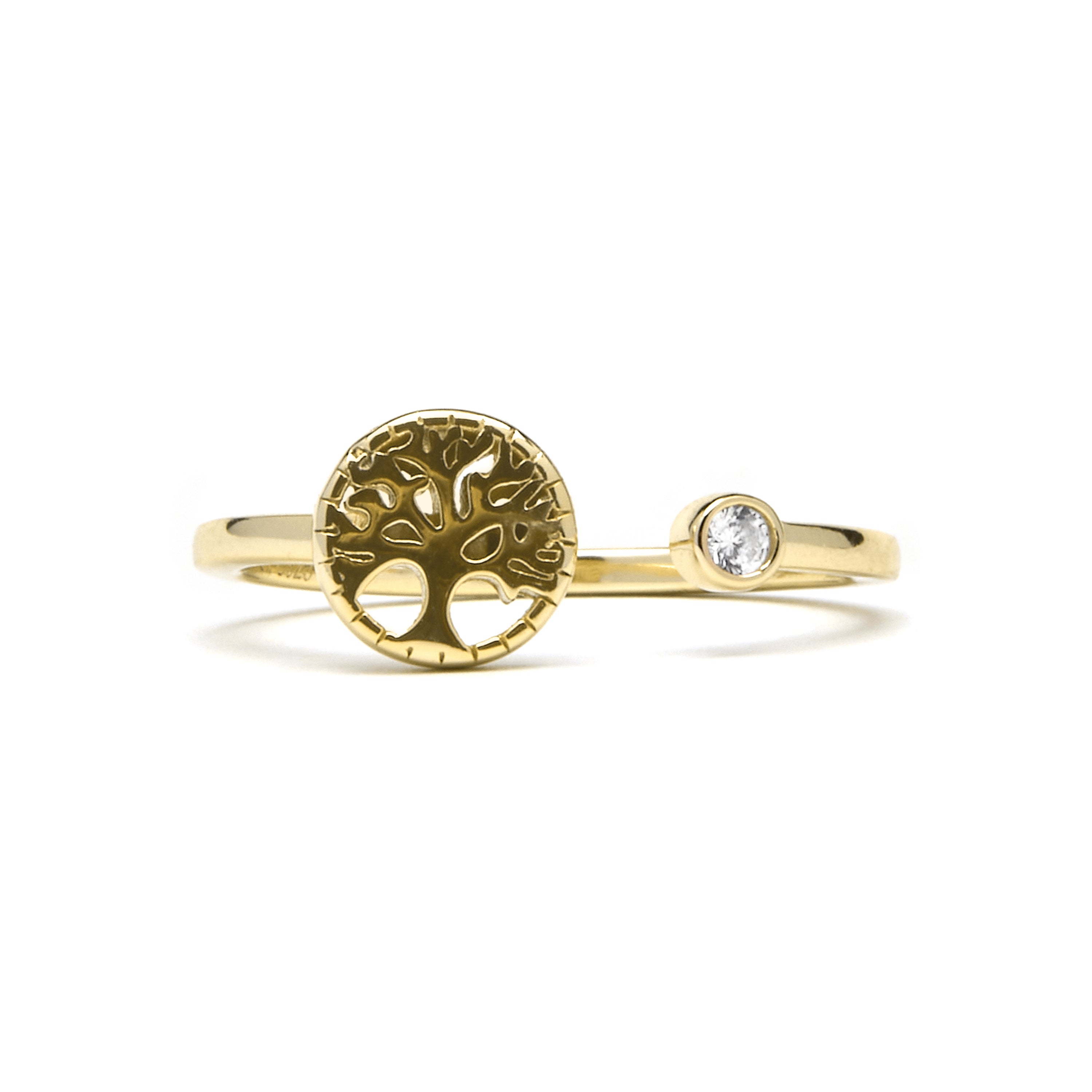 925 Sterling Silver and Brilliant Zirconia Ring, 18k Yellow Gold Finish - Tree of Life