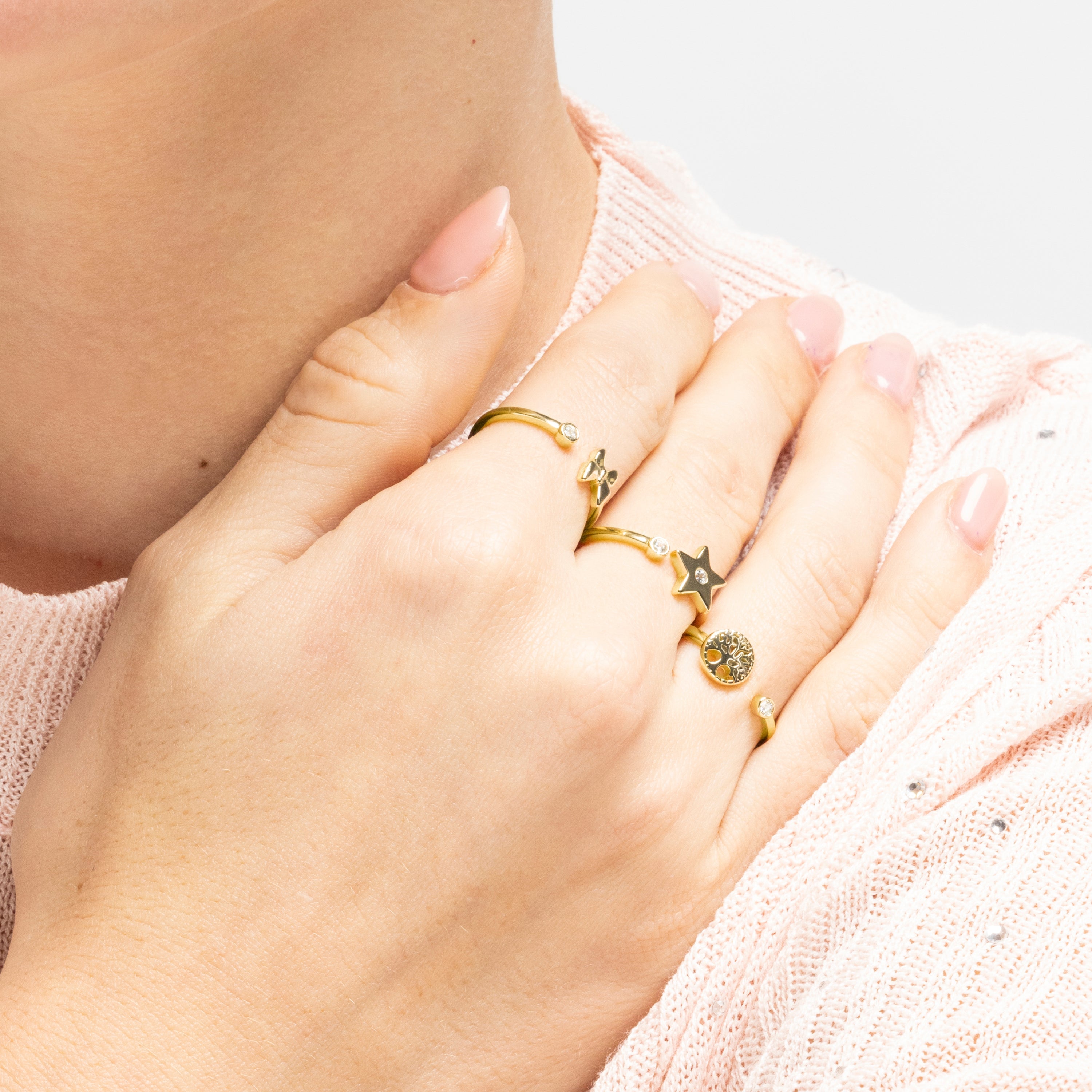 925 Sterling Silver and Brilliant Zirconia Ring, 18k Yellow Gold Finish - Tree of Life