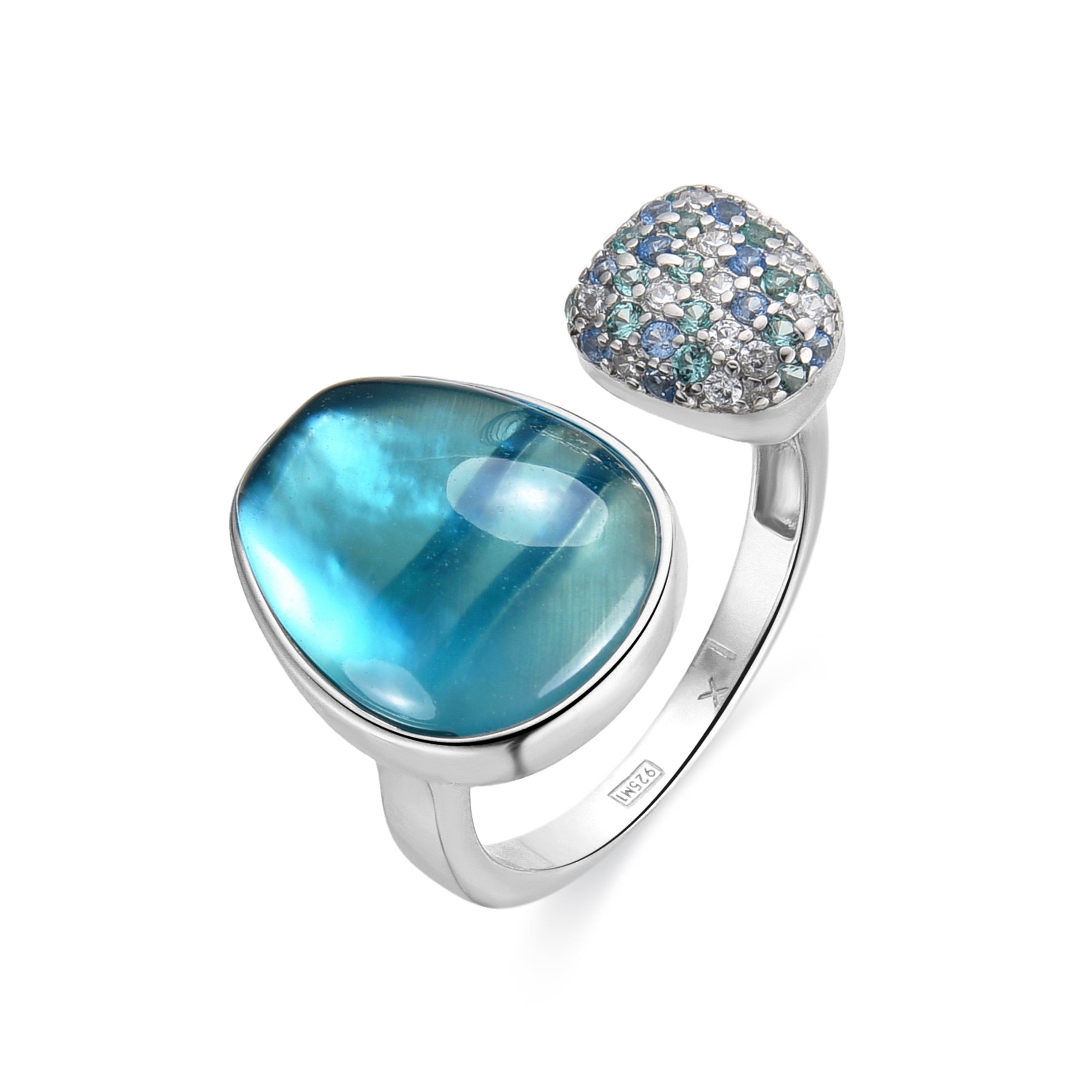 925 Sterling Silver Ring with Hematite/Blue Crystal Doublet, Rhodium Finish - Furesh