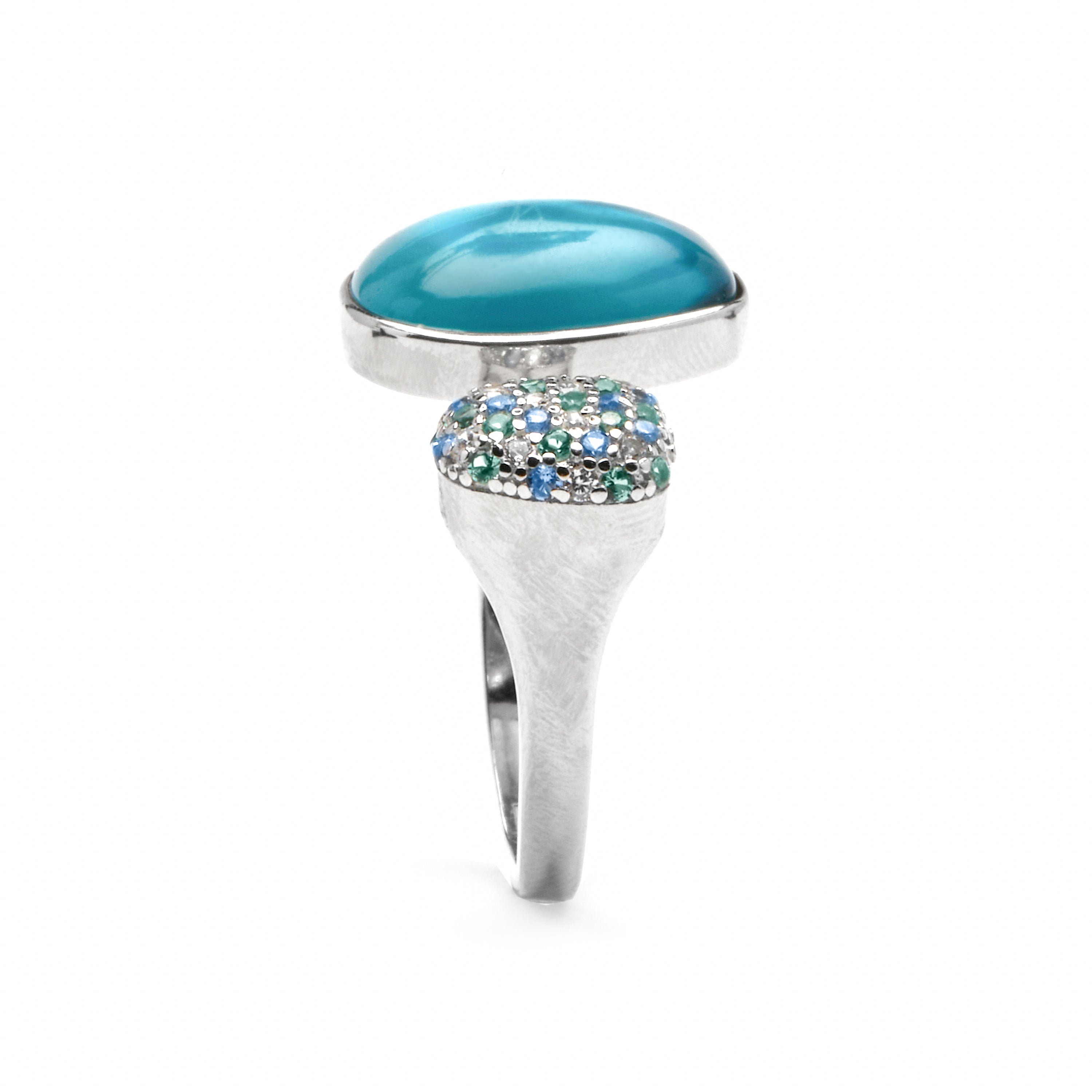 Anel em Prata 925 e Hematita Dupla / Cristal Azul com acabamento em ródio - Furesh