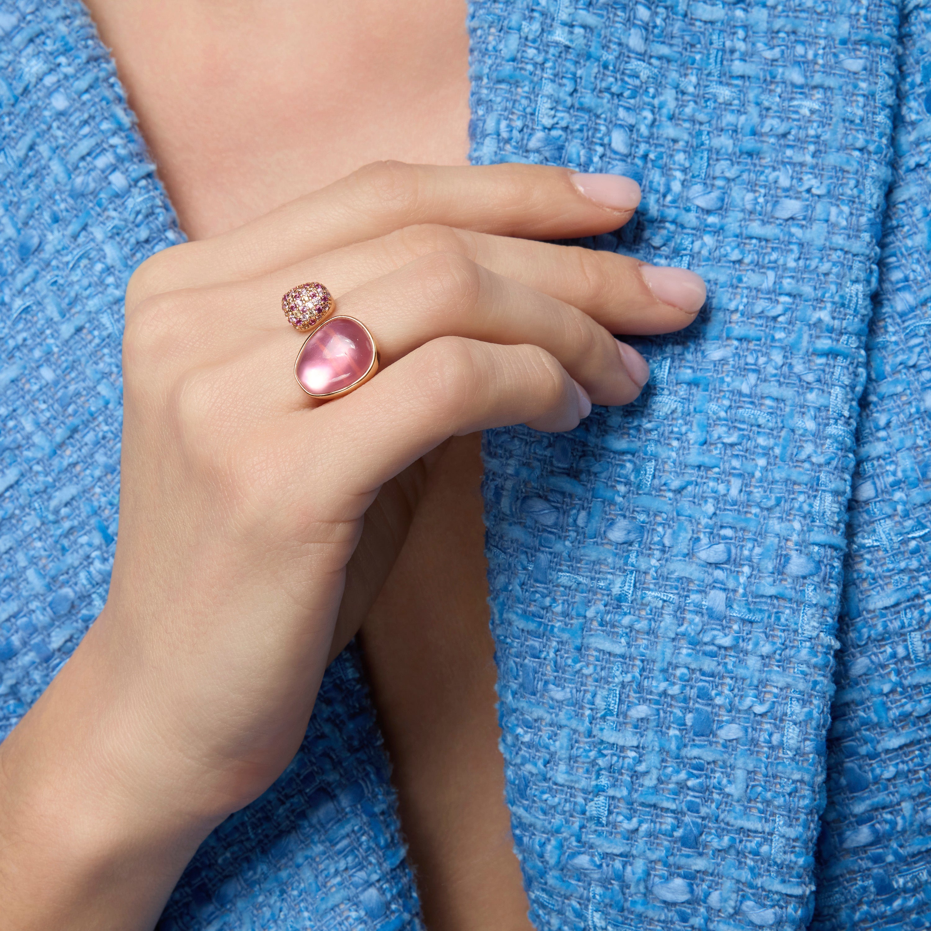 925 Sterling Silver Ring with Pink Mother of Pearl/Crystal Doublet, 18k Yellow Gold Finish - Furesh