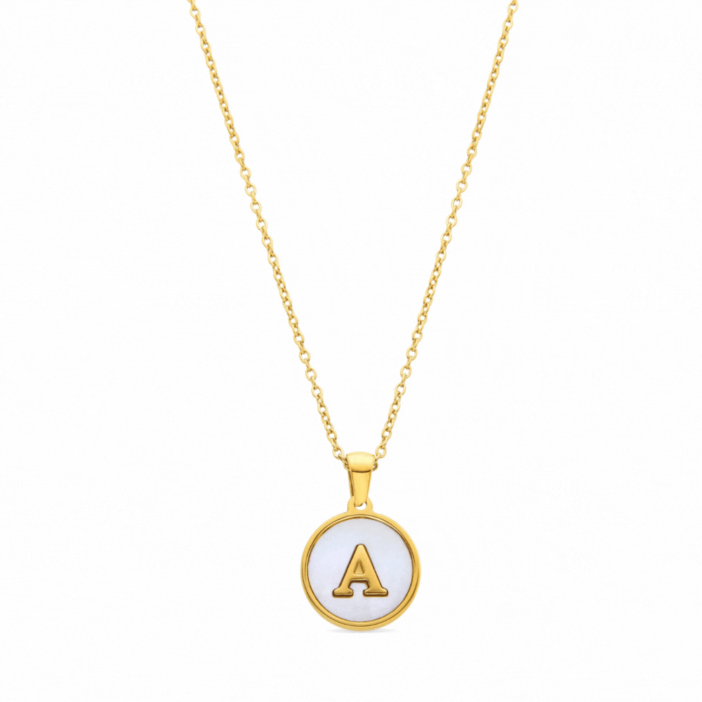 White Mother of Pearl Necklace Finished in 18K Yellow Gold - Alphabet